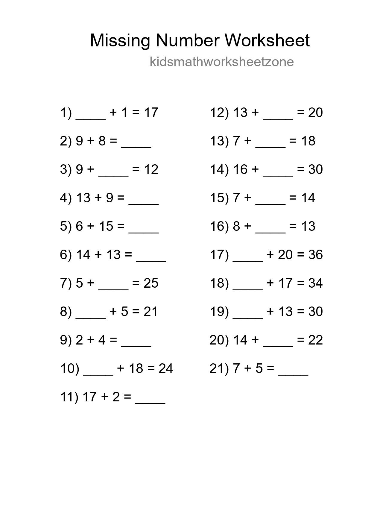 Missing Number Math Worksheet
