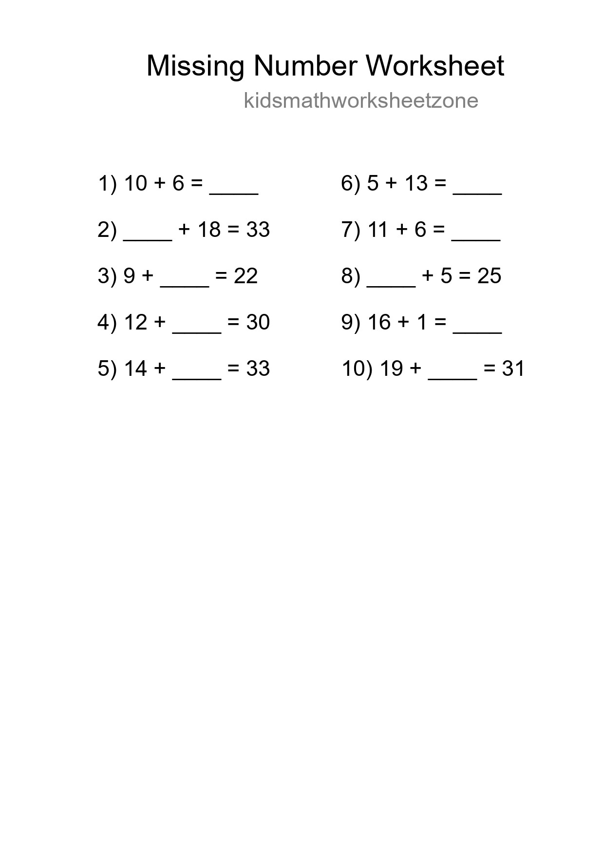 Missing Number Math Worksheet