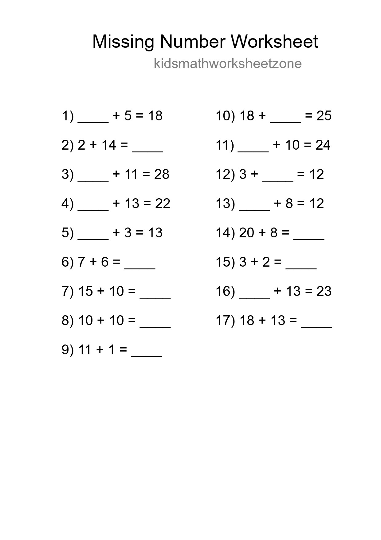 Missing Number Math Worksheet