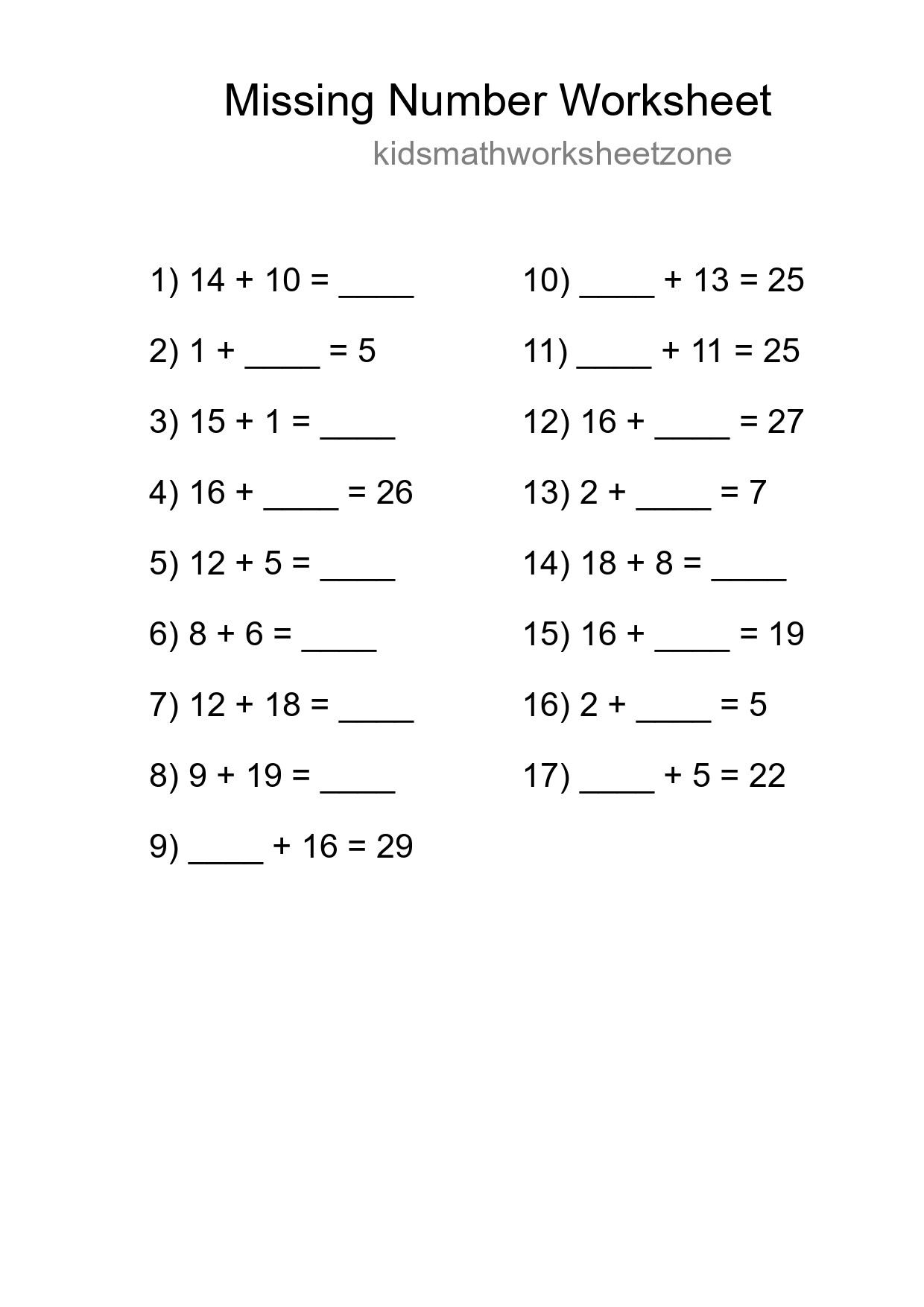 Missing Number Math Worksheet