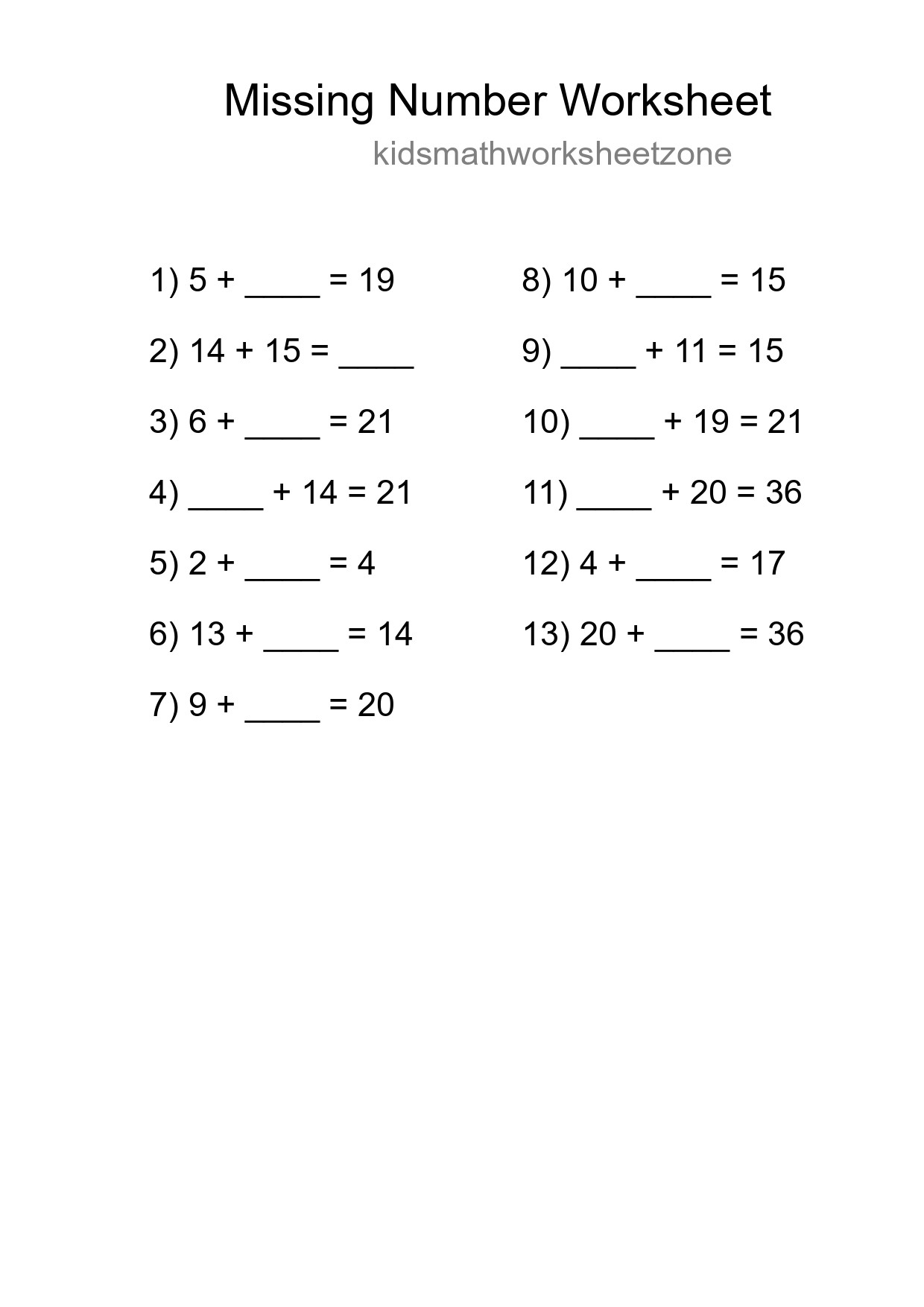 Missing Number Math Worksheet