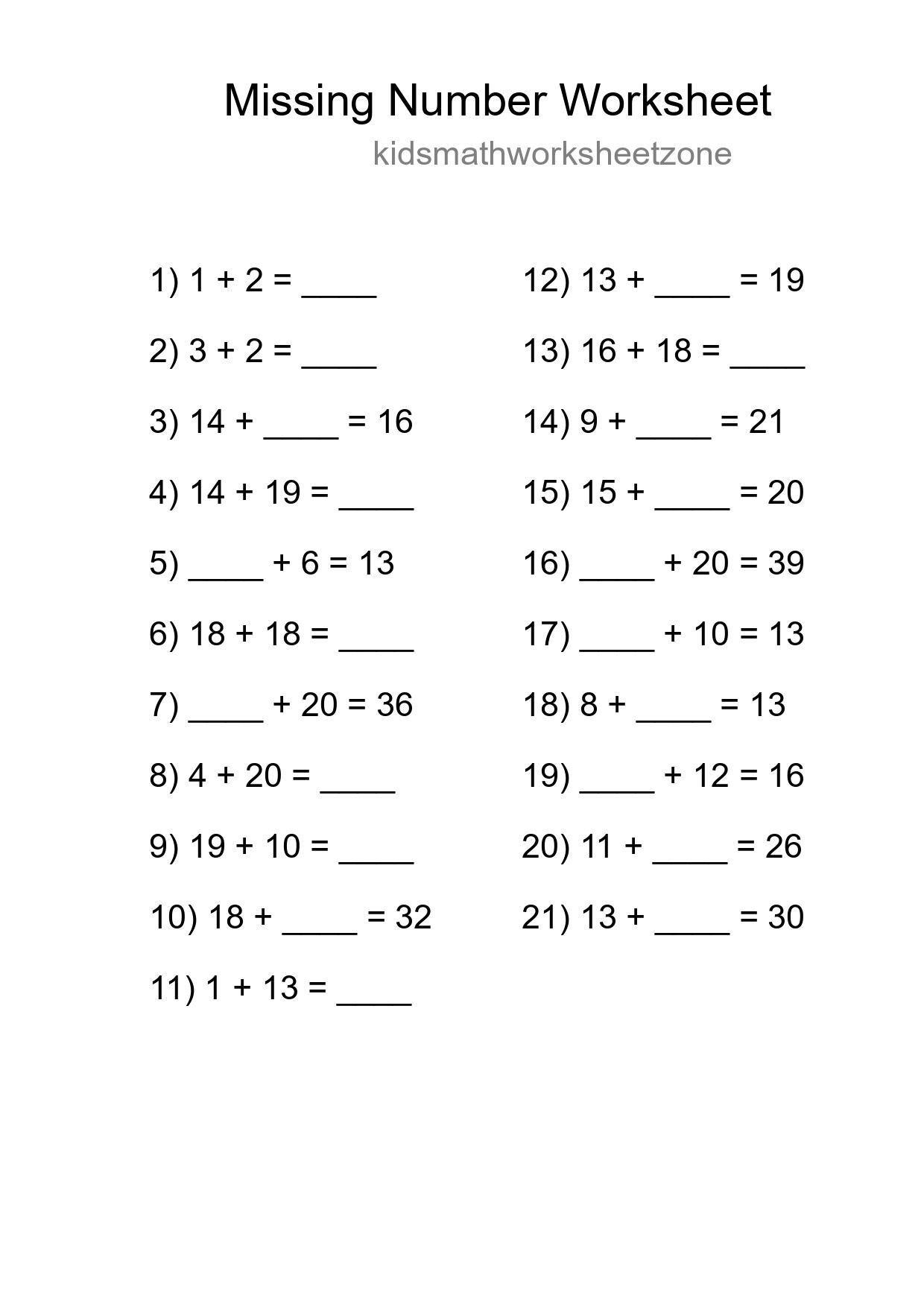 Missing Number Math Worksheet