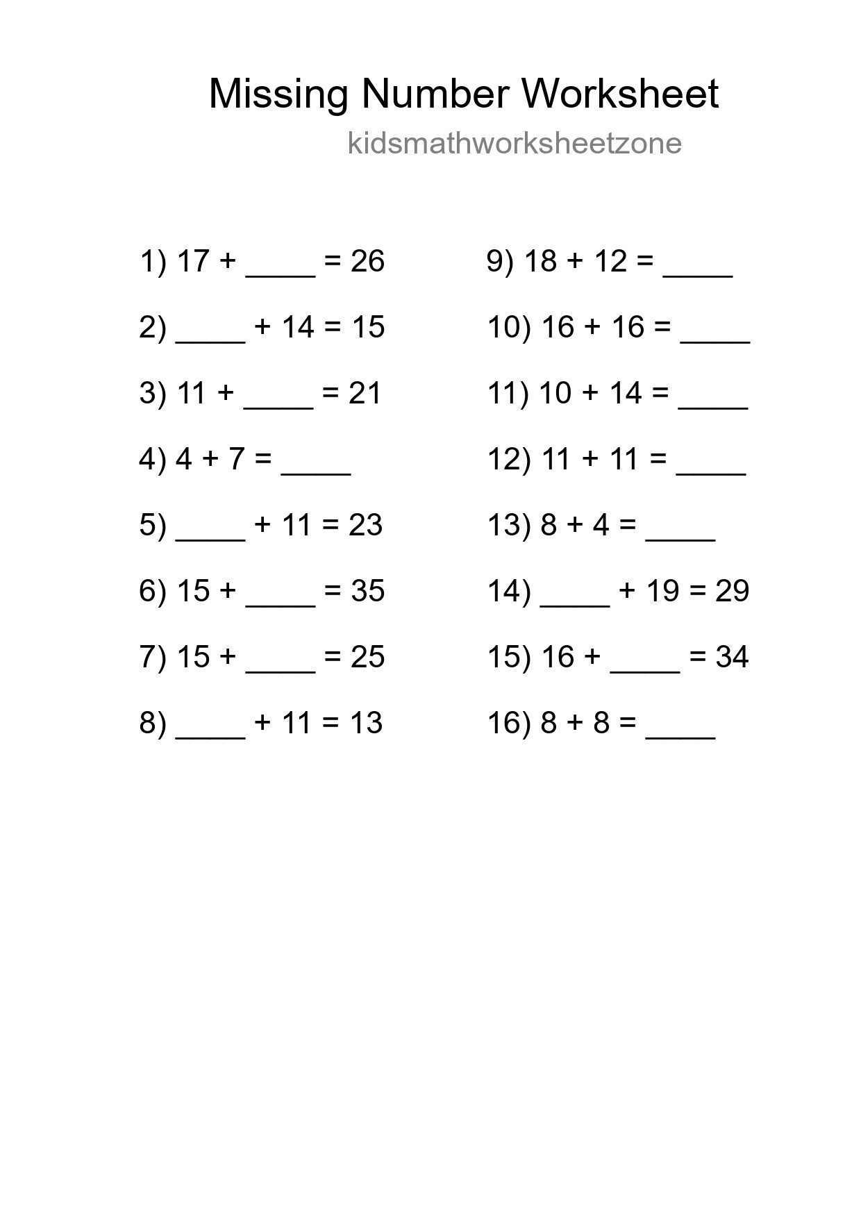 Missing Number Math Worksheet