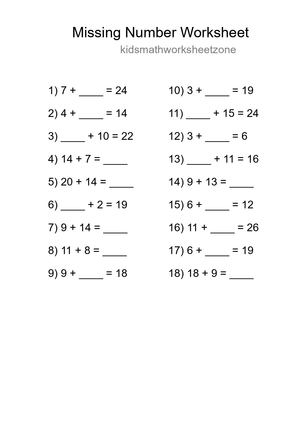 Missing Number Math Worksheet