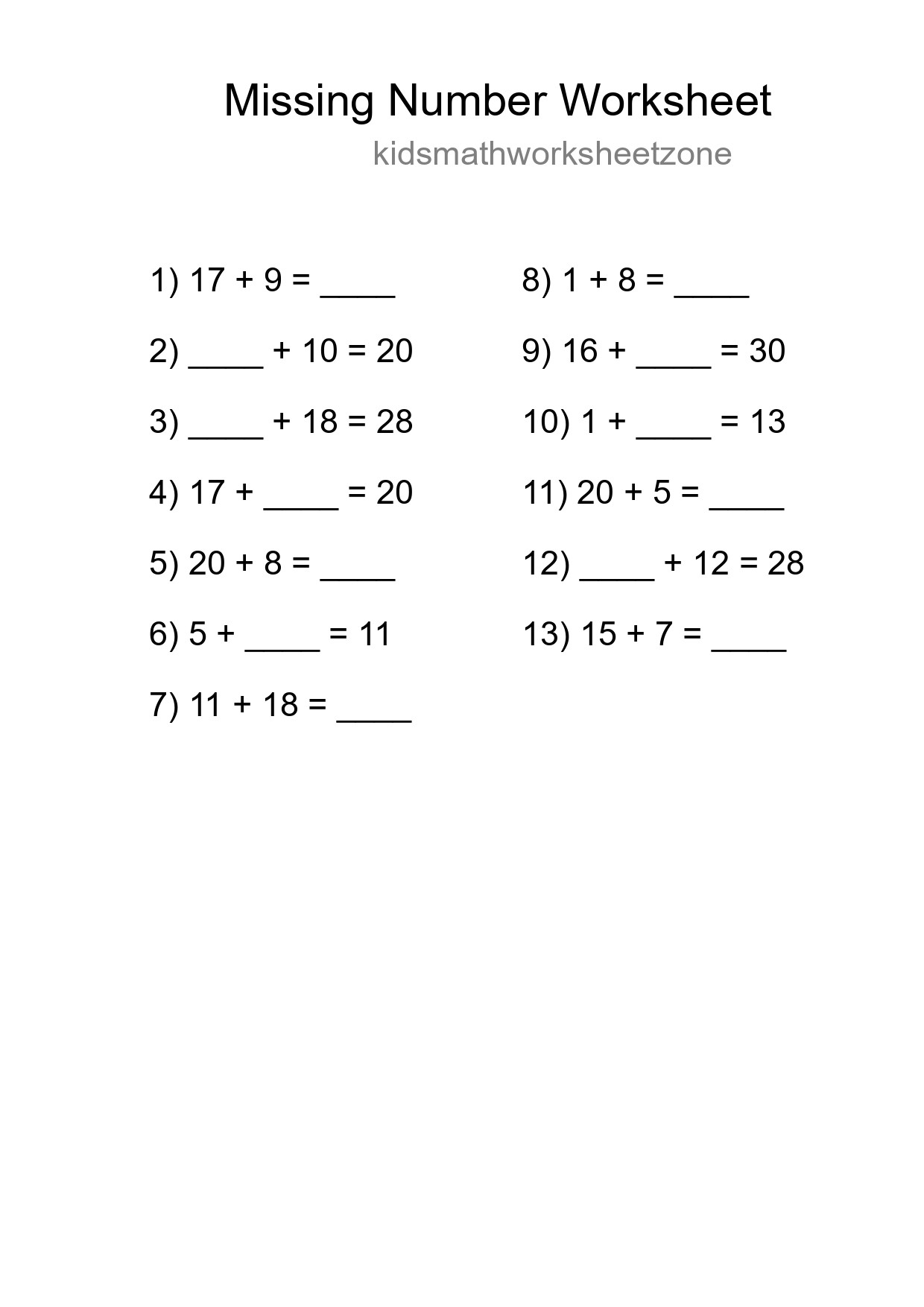Missing Number Math Worksheet