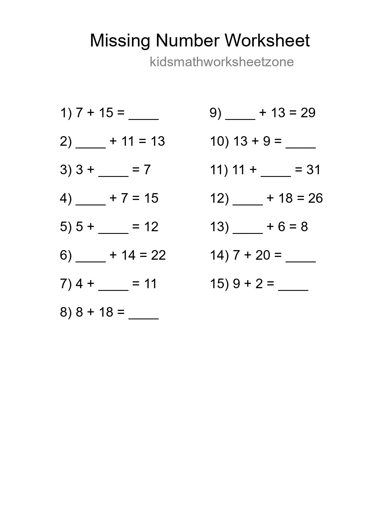 Missing Number Math Worksheet