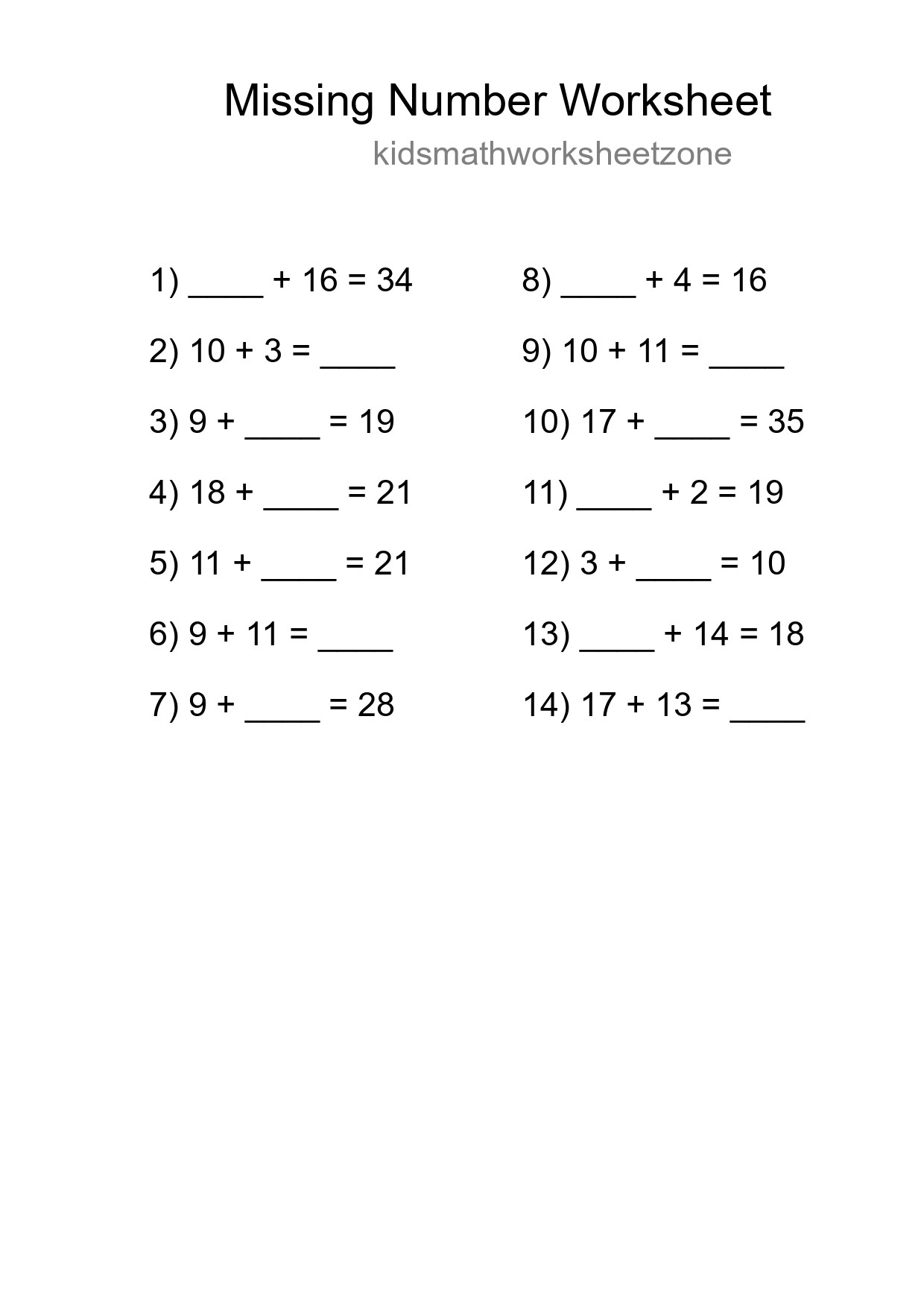 Missing Number Math Worksheet