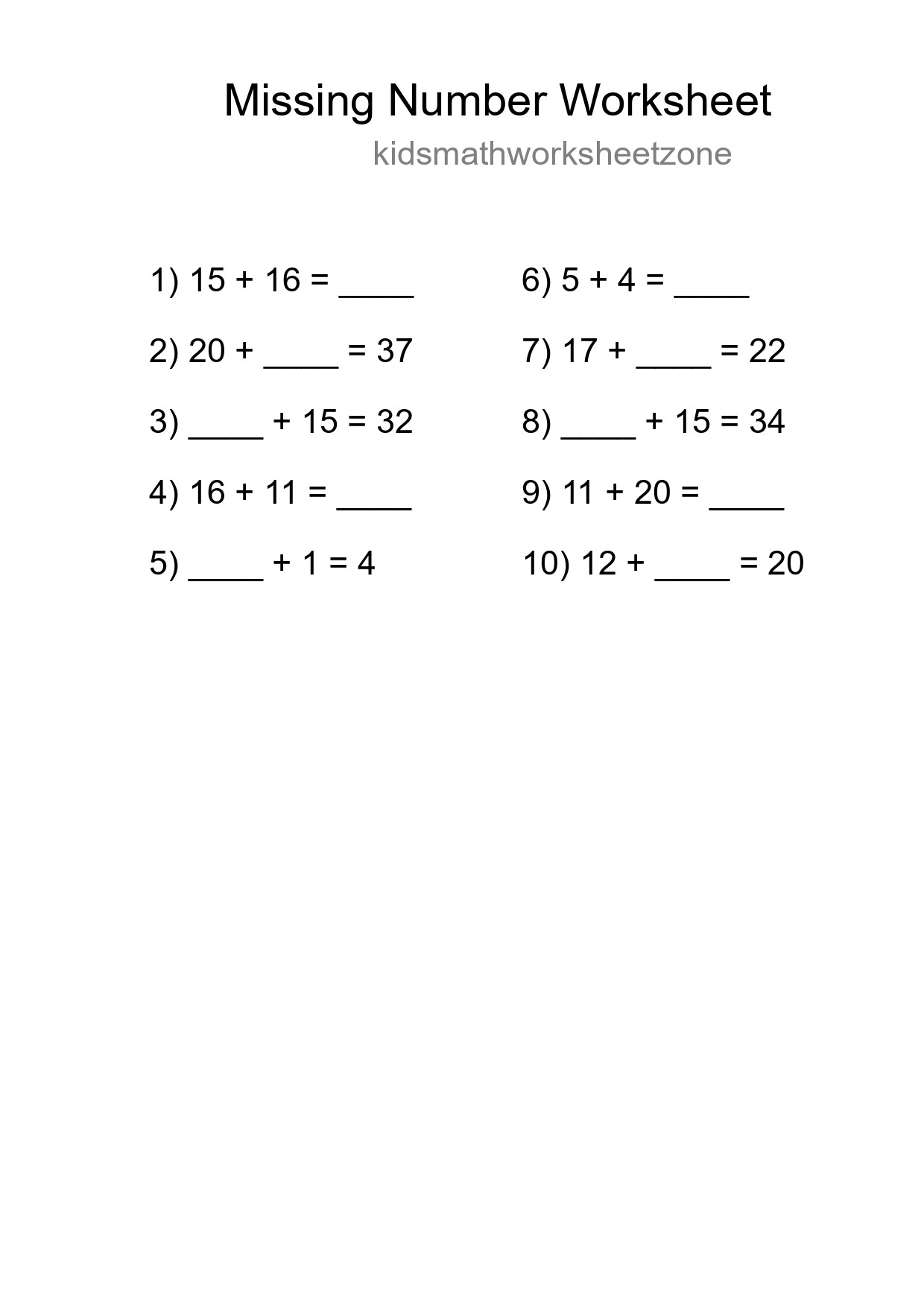Missing Number Math Worksheet