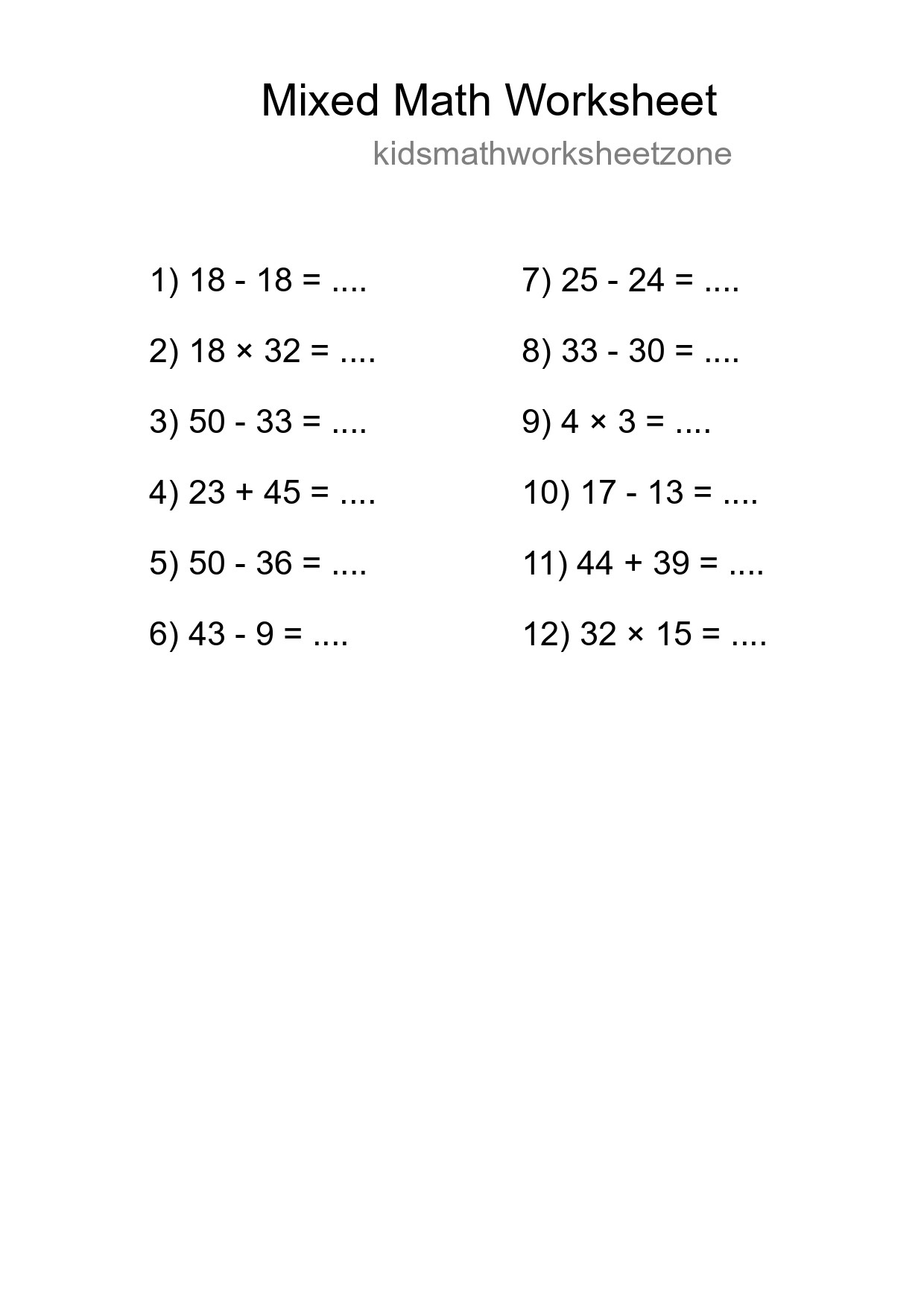 Mixed Operations Math Worksheet