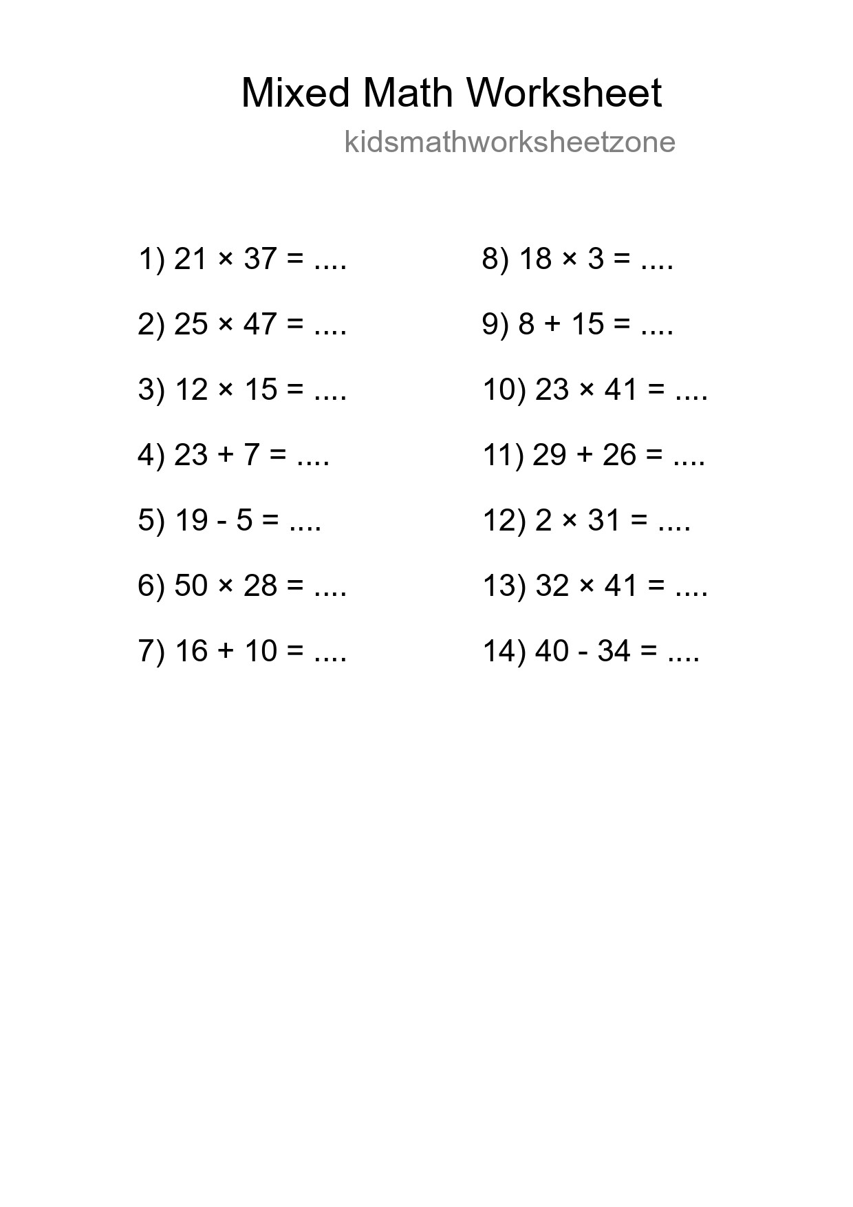 Mixed Operations Math Worksheet