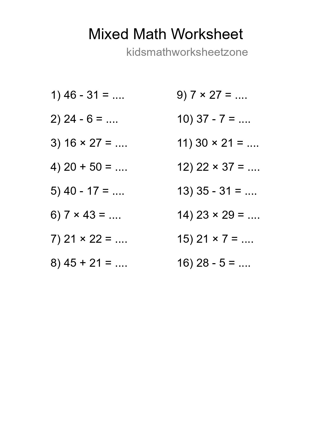Mixed Operations Math Worksheet