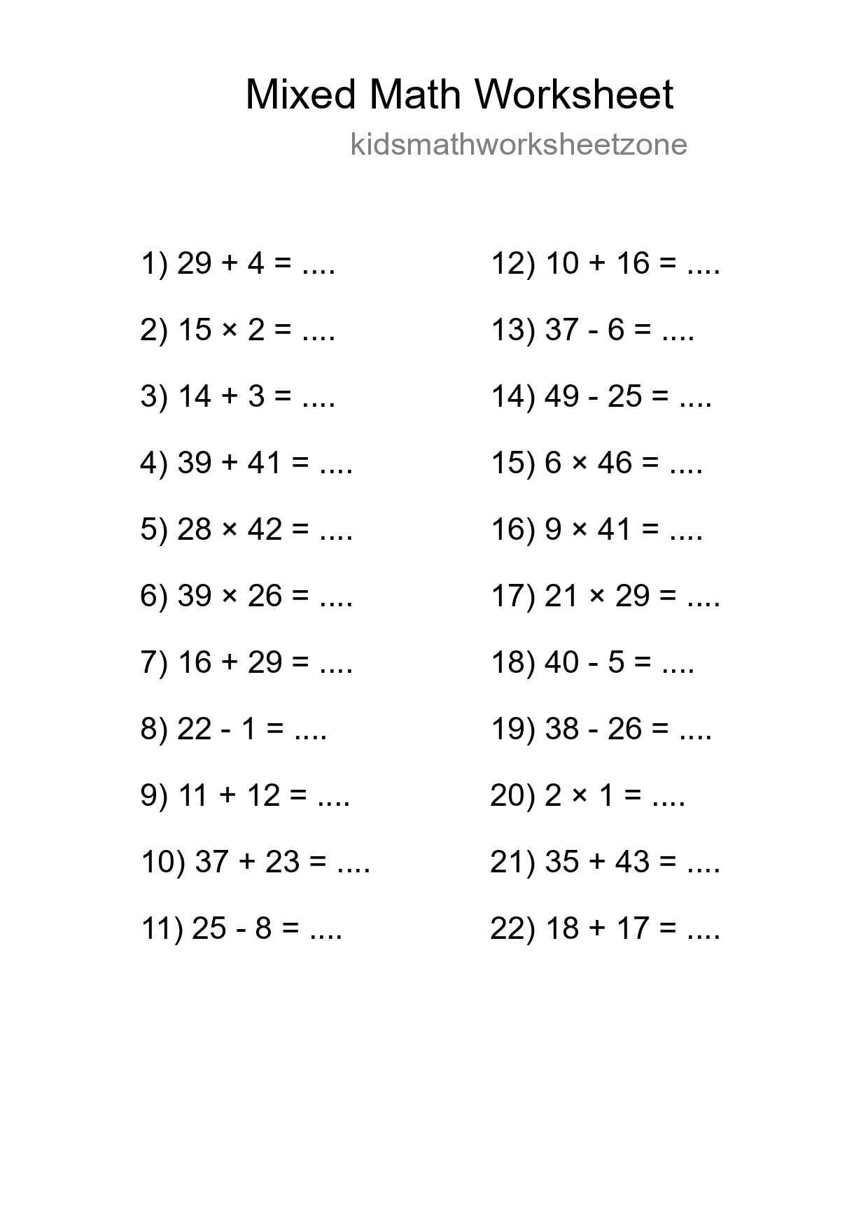 Mixed Operations Math Worksheet