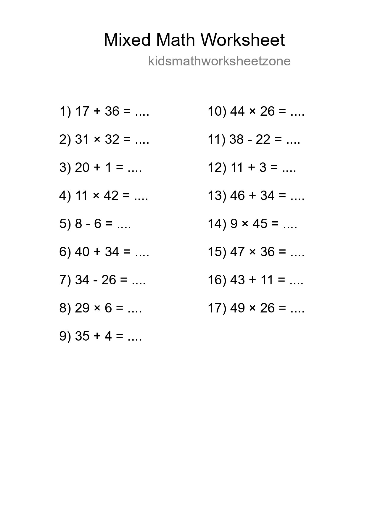 Mixed Operations Math Worksheet