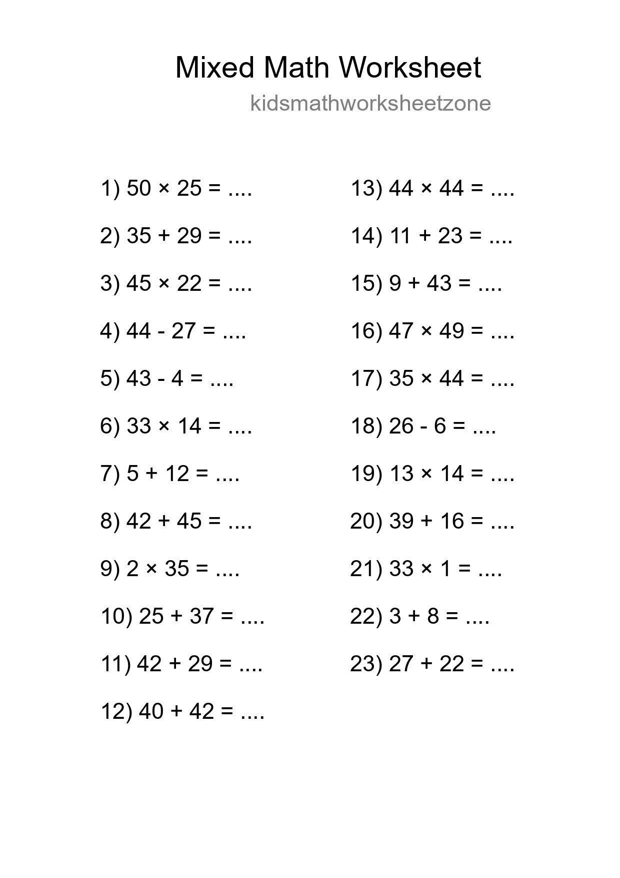 Mixed Operations Math Worksheet