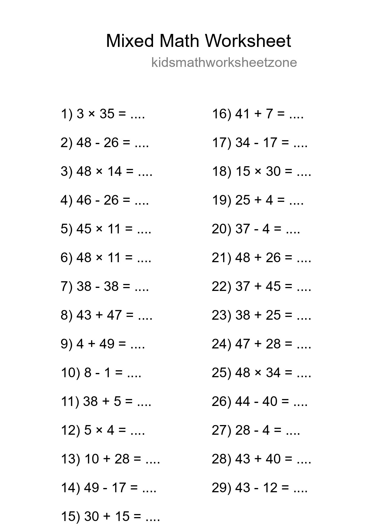 Mixed Operations Math Worksheet