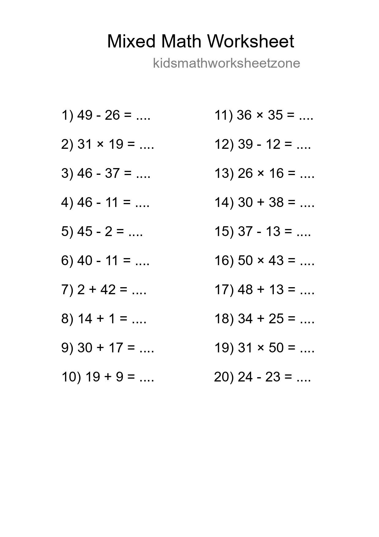 Mixed Operations Math Worksheet