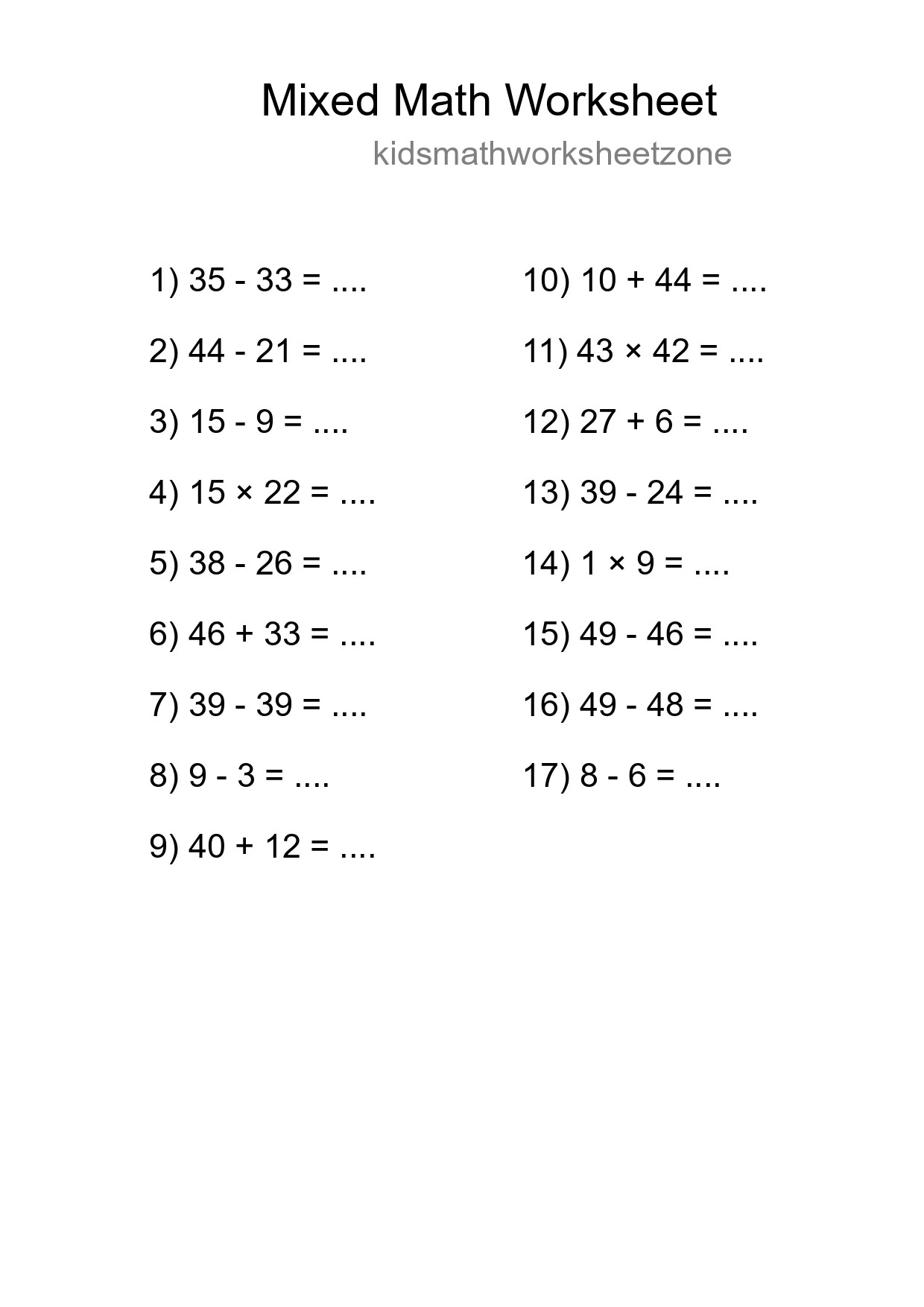 Mixed Operations Math Worksheet
