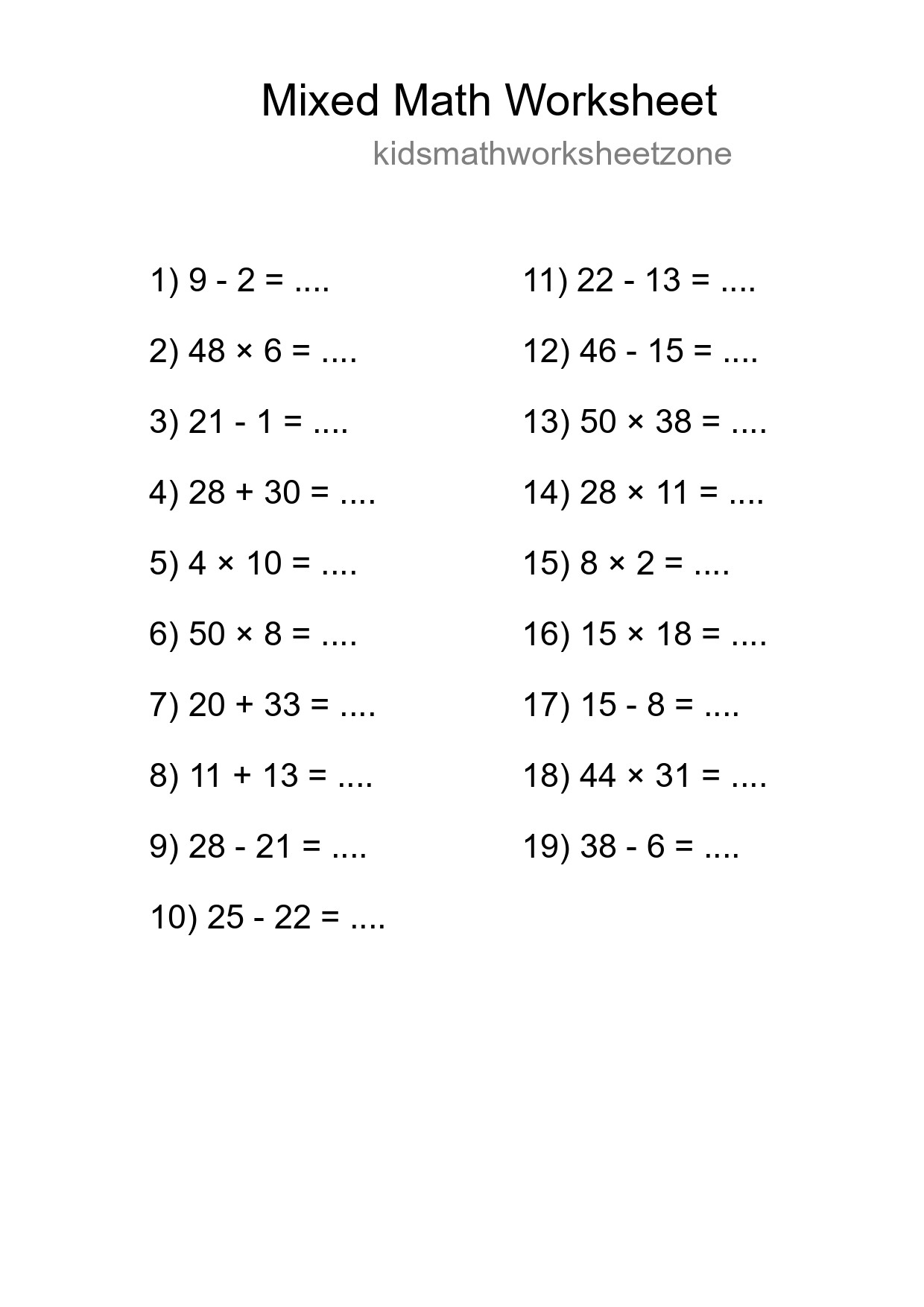 Mixed Operations Math Worksheet