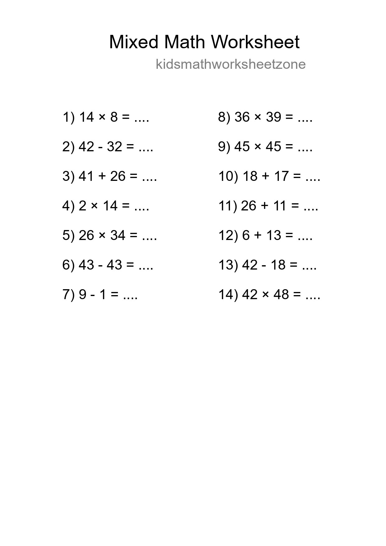 Mixed Operations Math Worksheet