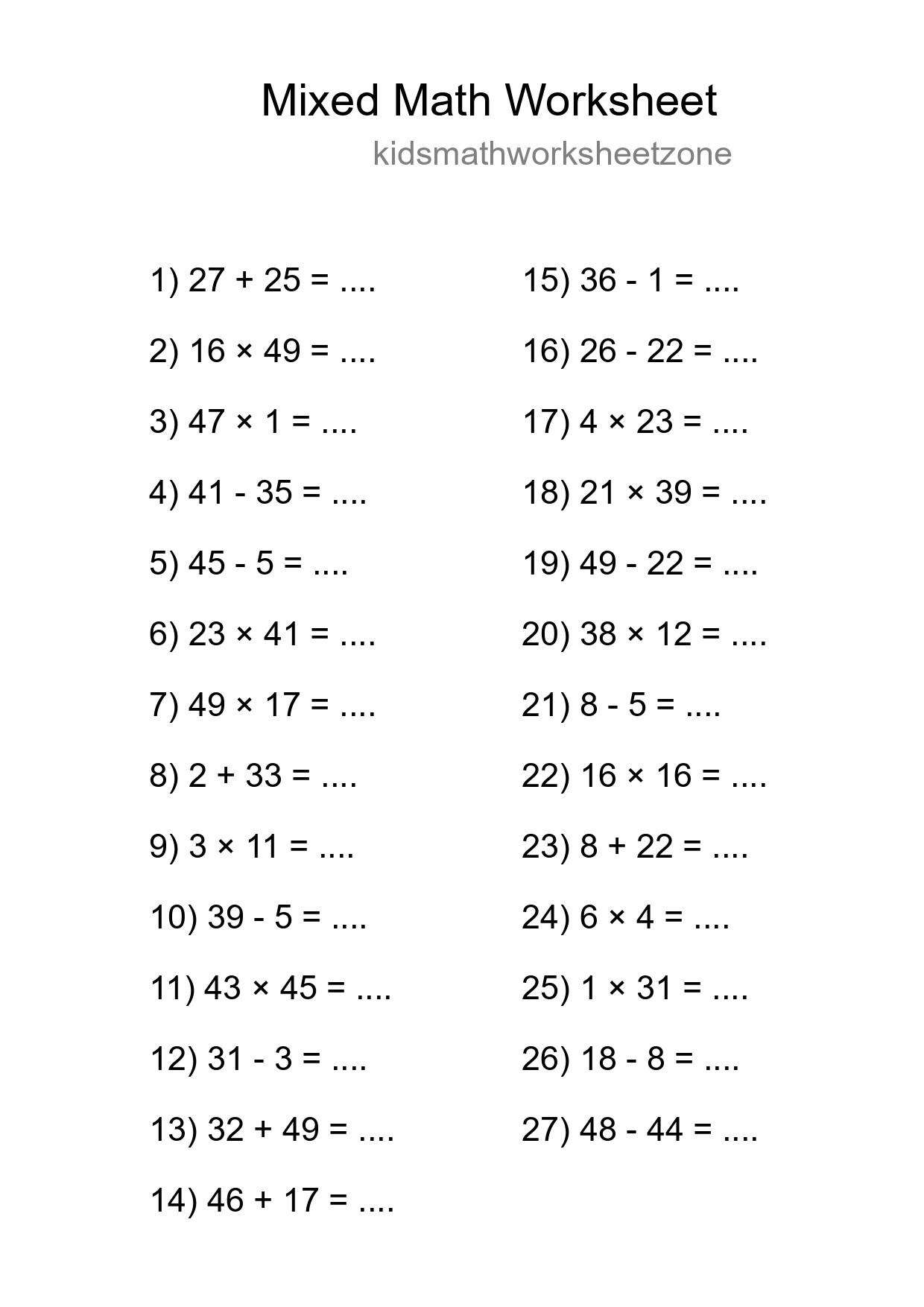 Mixed Operations Math Worksheet