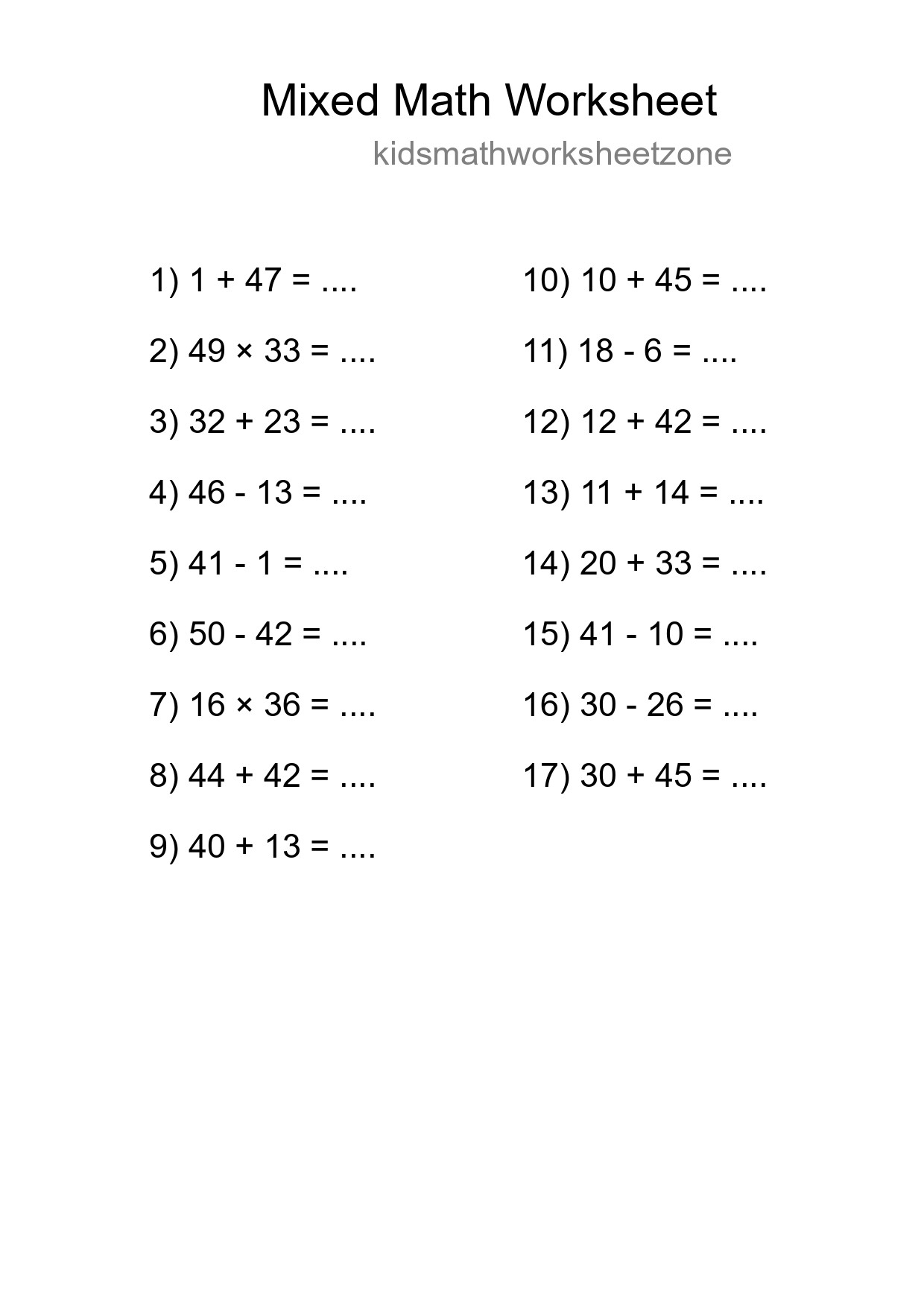 Mixed Operations Math Worksheet