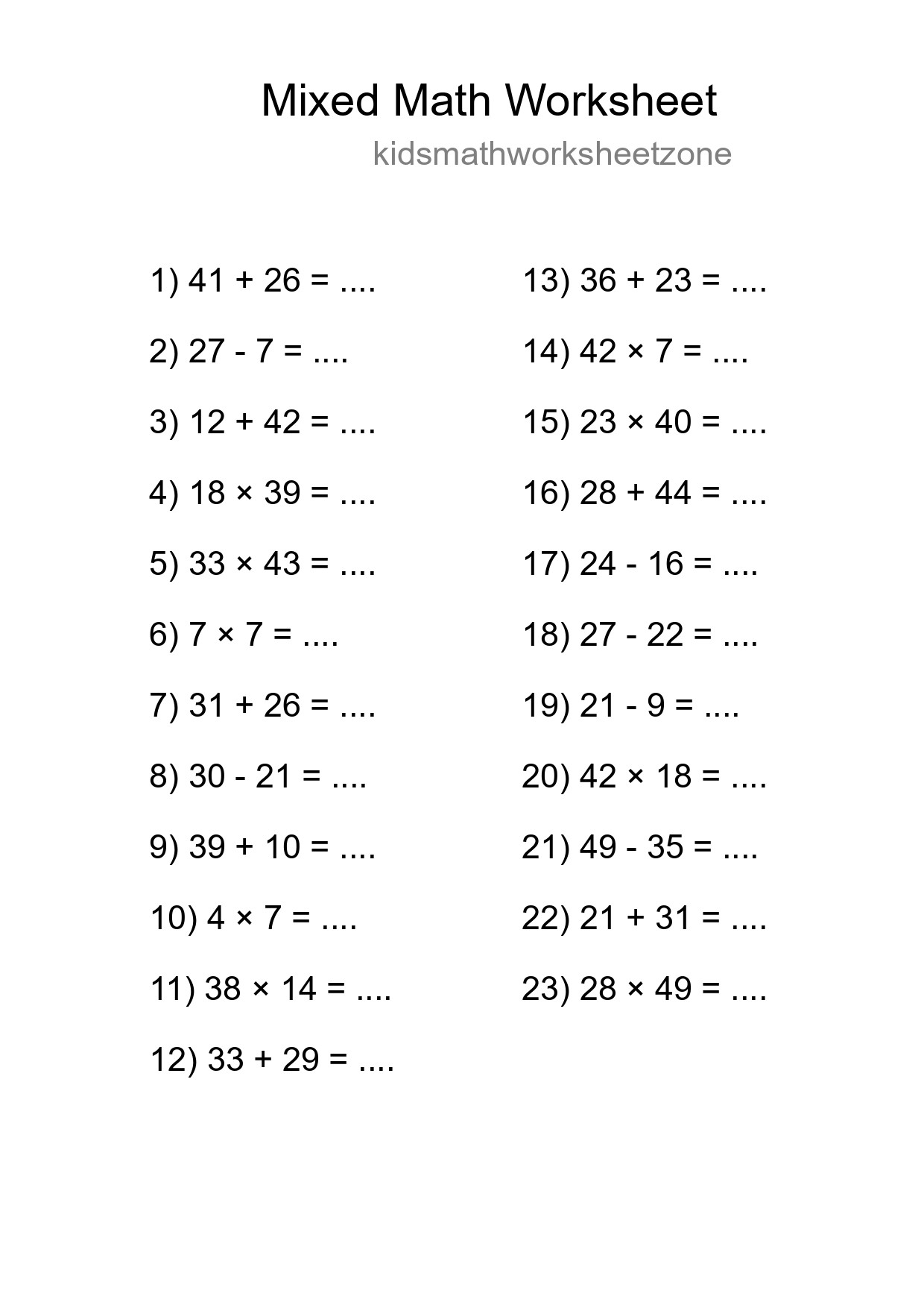 Mixed Operations Math Worksheet