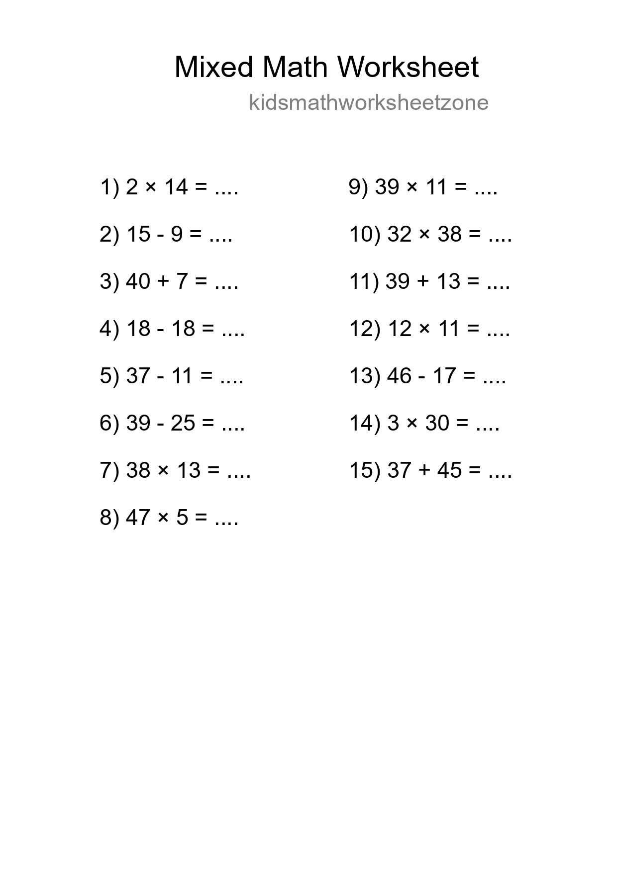 Mixed Operations Math Worksheet