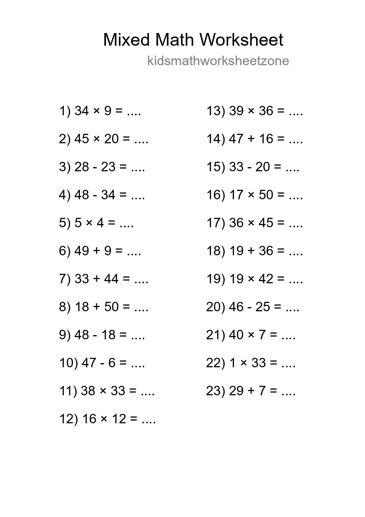 Mixed Operations Math Worksheet