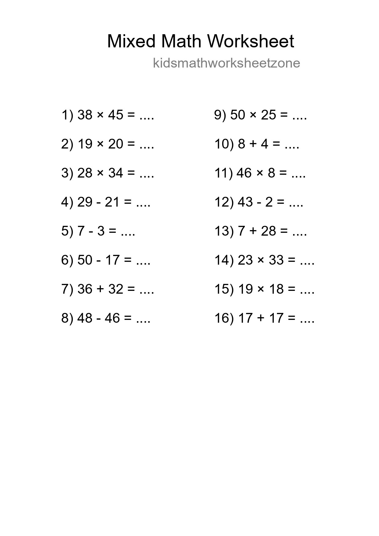 Mixed Operations Math Worksheet