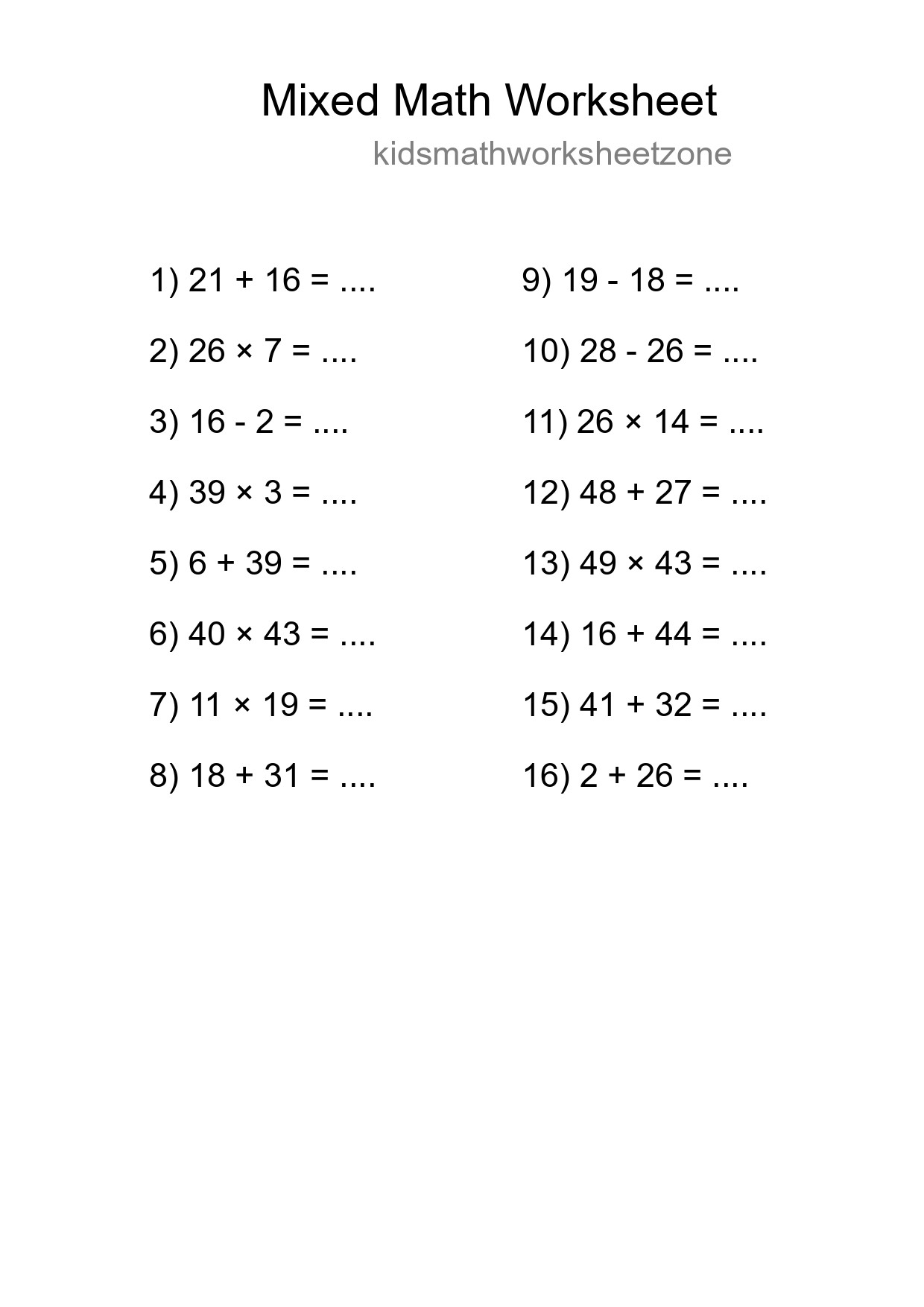 Mixed Operations Math Worksheet