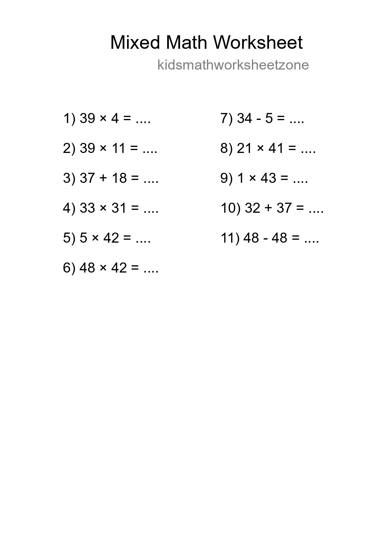 Mixed Operations Math Worksheet