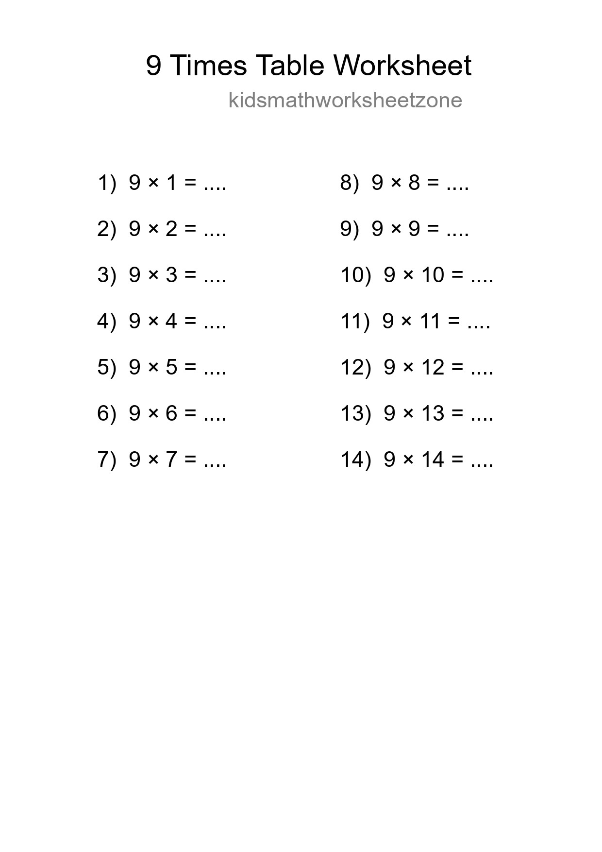 Printable 9 Times Table Worksheet For Grade 3 - Part 97