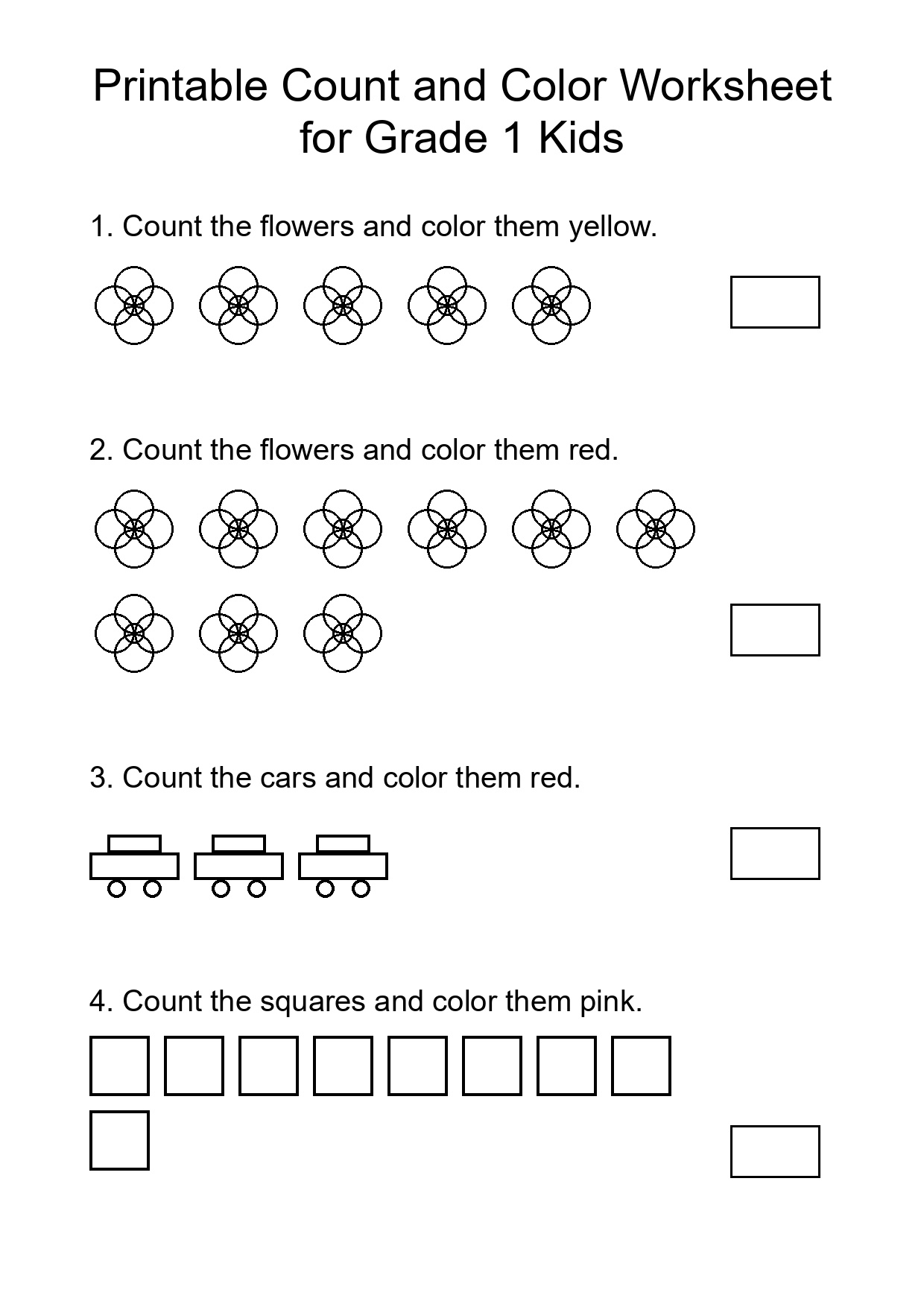 Printable Count and Color Worksheet for Grade 1 Kids