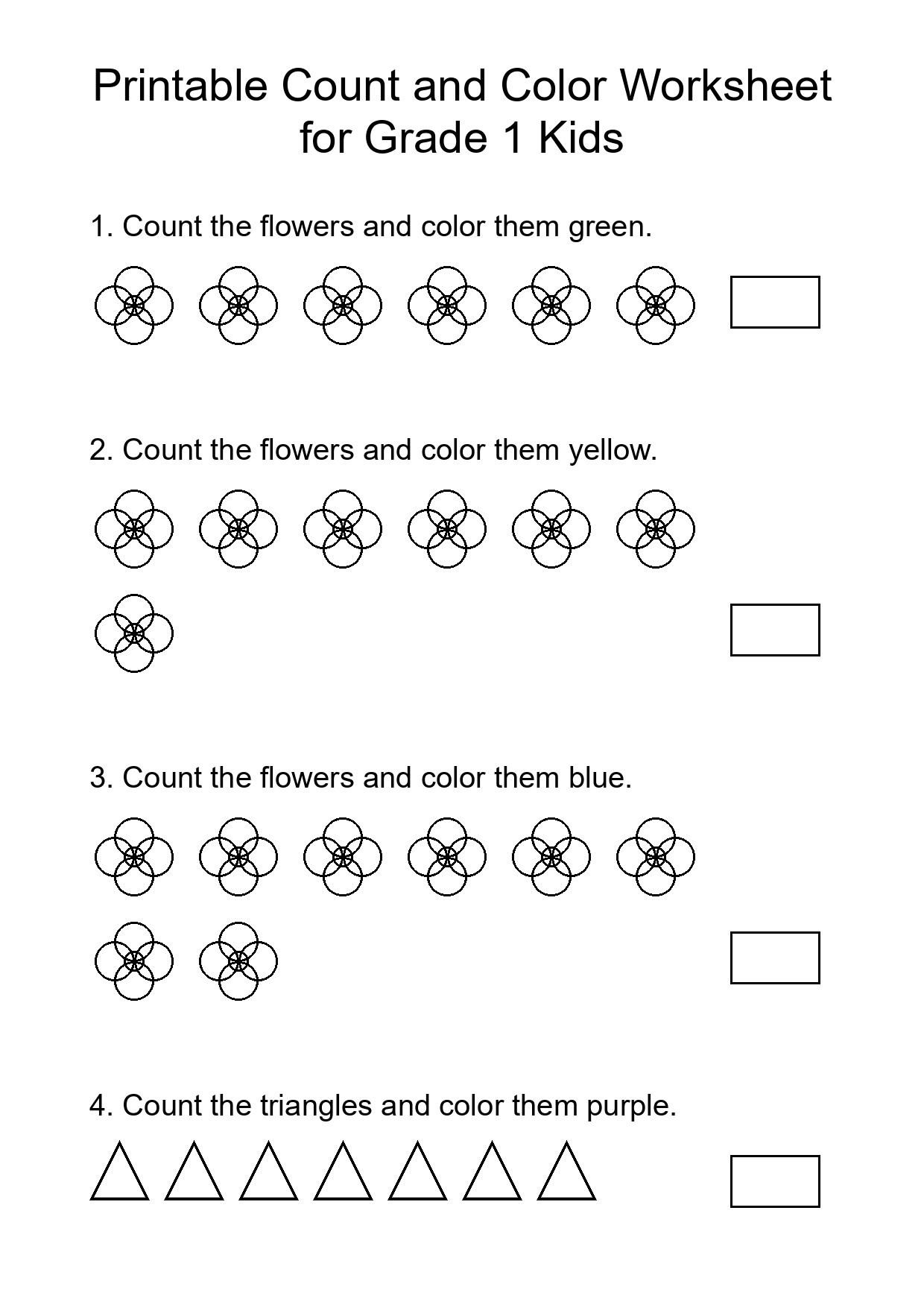 Printable Count and Color Worksheet for Grade 1 Kids