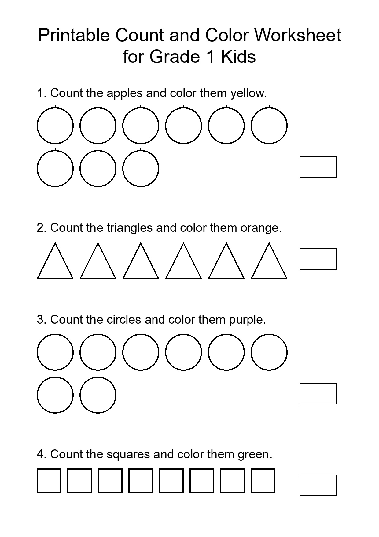 Printable Count and Color Worksheet for Grade 1 Kids