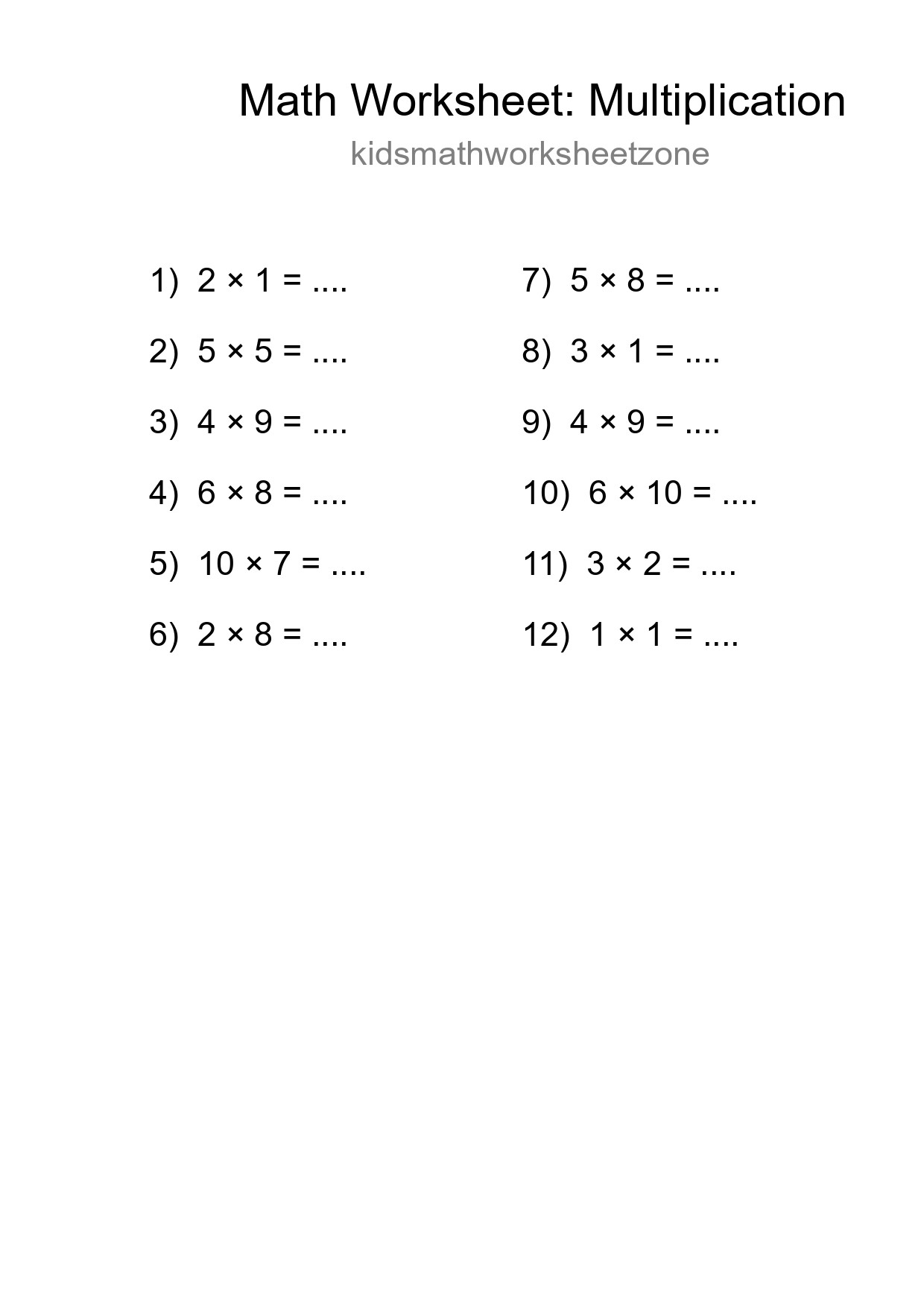 Printable Free 12 Multiplication Math Worksheet For Grade 1 - Part 51