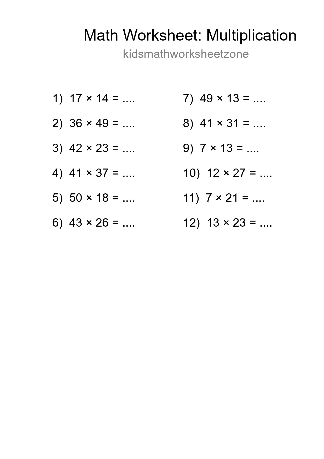 Printable Free 12 Multiplication Math Worksheet For Grade 2 - Part 238