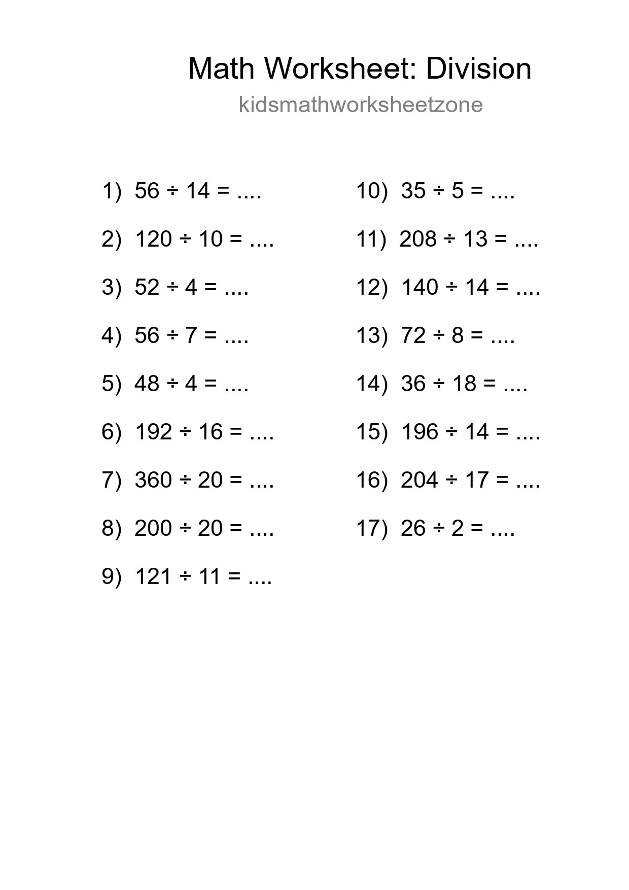 Printable Free 17 Division Math Worksheet For Grade 2 - Part 202