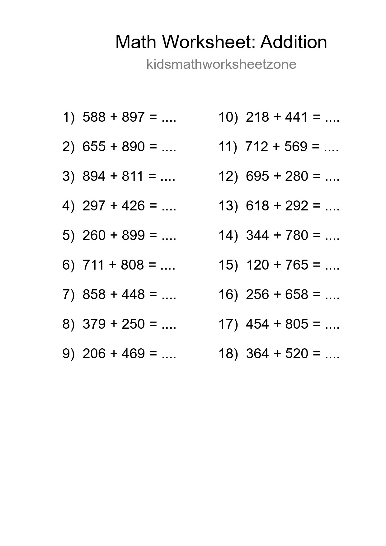 Printable Free 18 Addition Math Worksheet For Grade 5 - Part 166