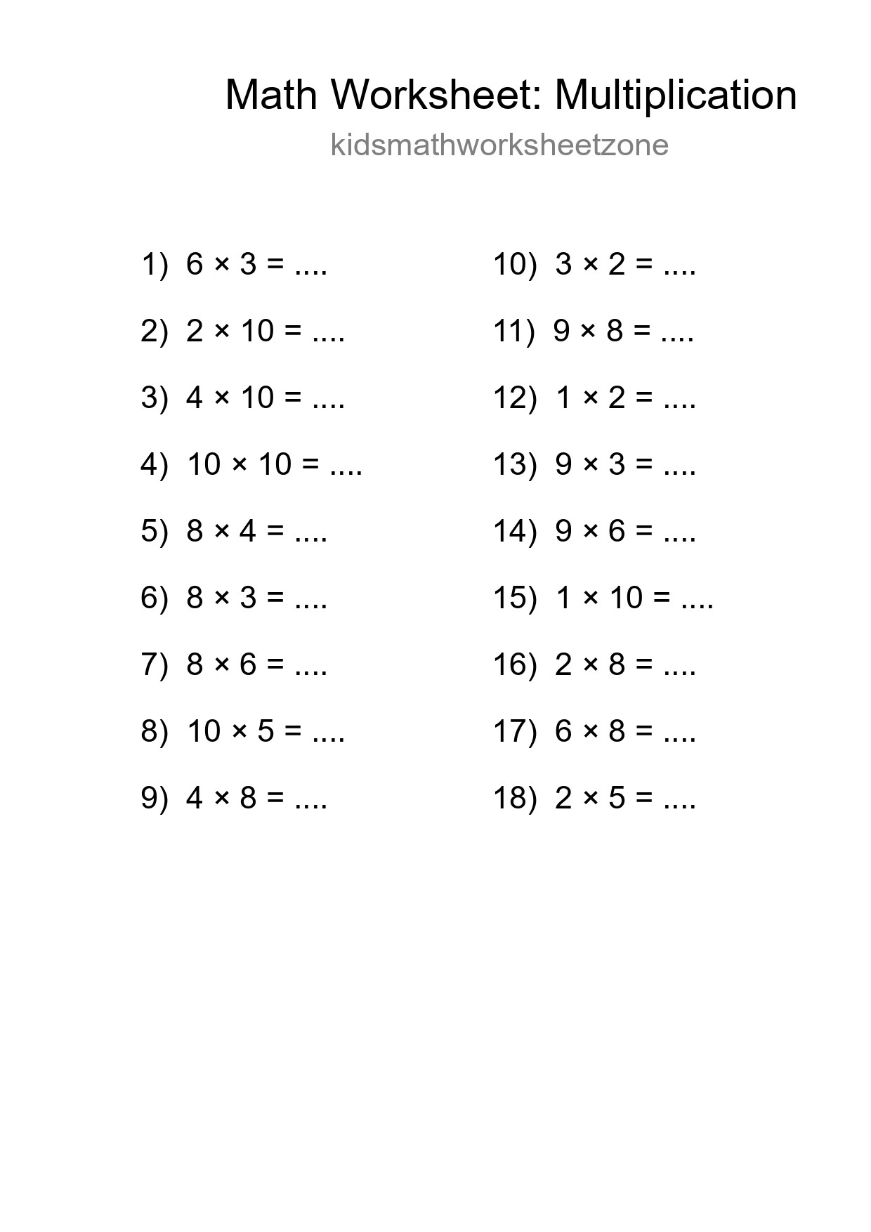 Printable Free 18 Multiplication Math Worksheet For Grade 1 - Part 161