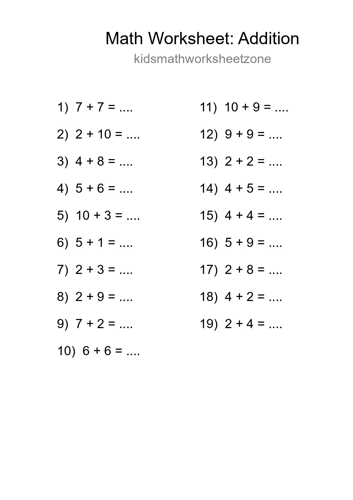Printable Free 19 Addition Math Worksheet For Grade 1 - Part 276