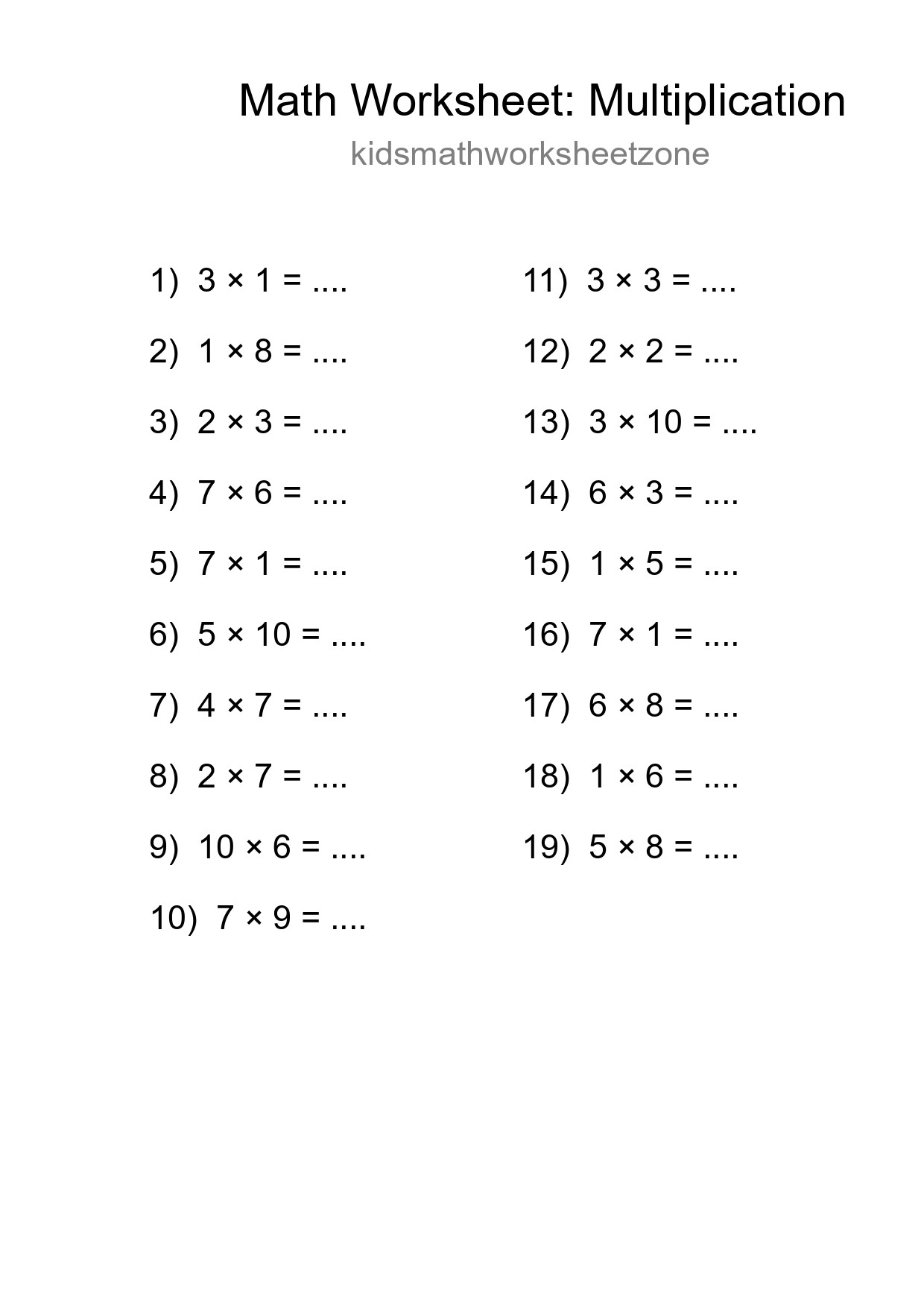 Printable Free 19 Multiplication Math Worksheet For Grade 1 - Part 40
