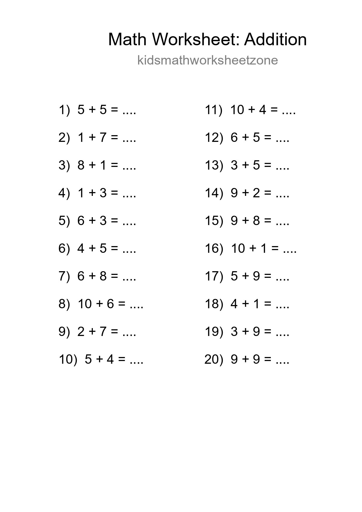 Printable Free 20 Addition Math Worksheet For Grade 1 - Part 265