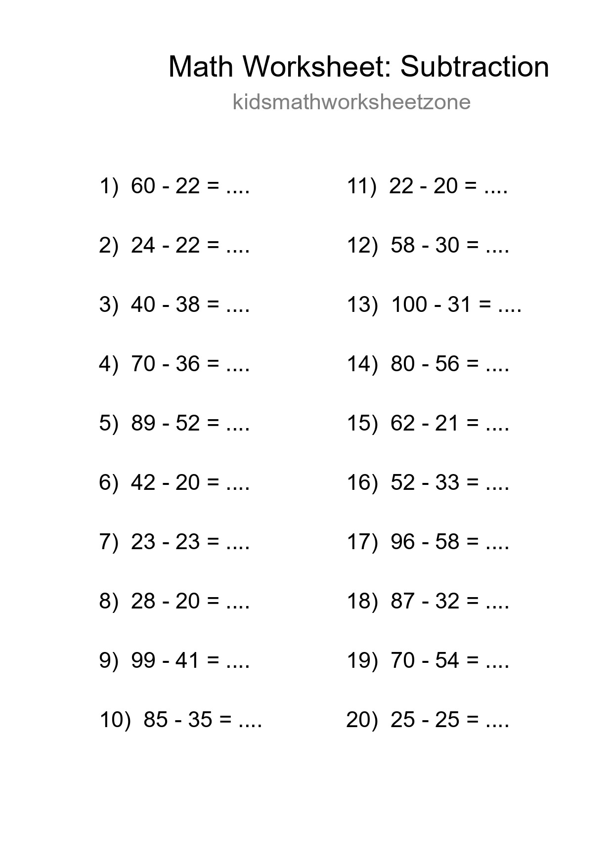 Printable Free 20 Subtraction Math Worksheet For Grade 3 - Part 74