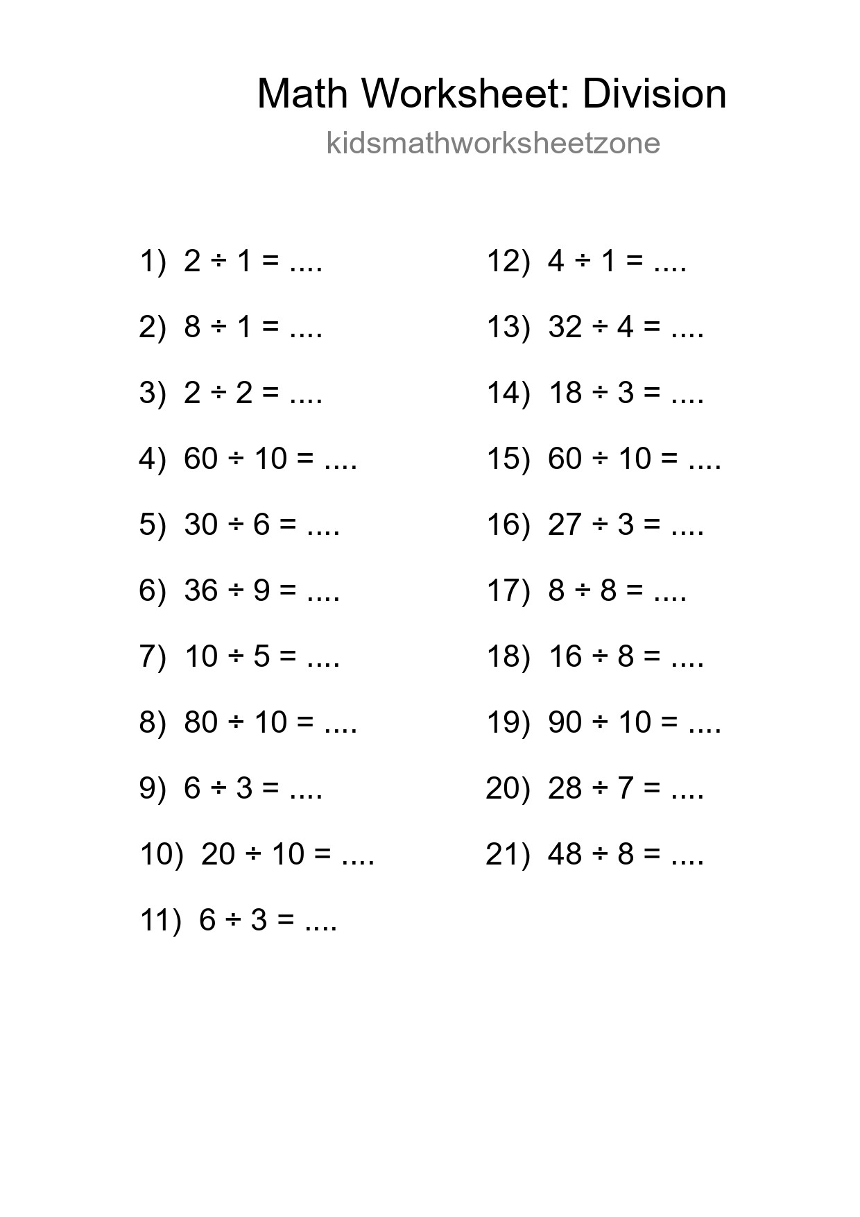 Printable Free 21 Division Math Worksheet For Grade 1 - Part 103