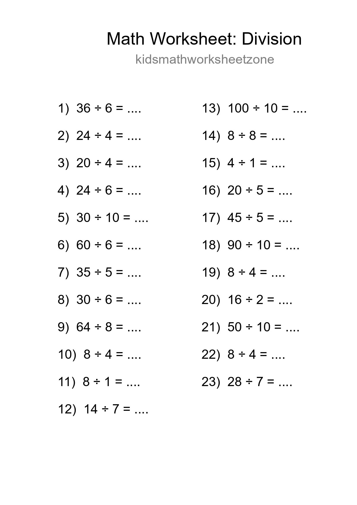 Printable Free 23 Division Math Worksheet For Grade 1 - Part 59