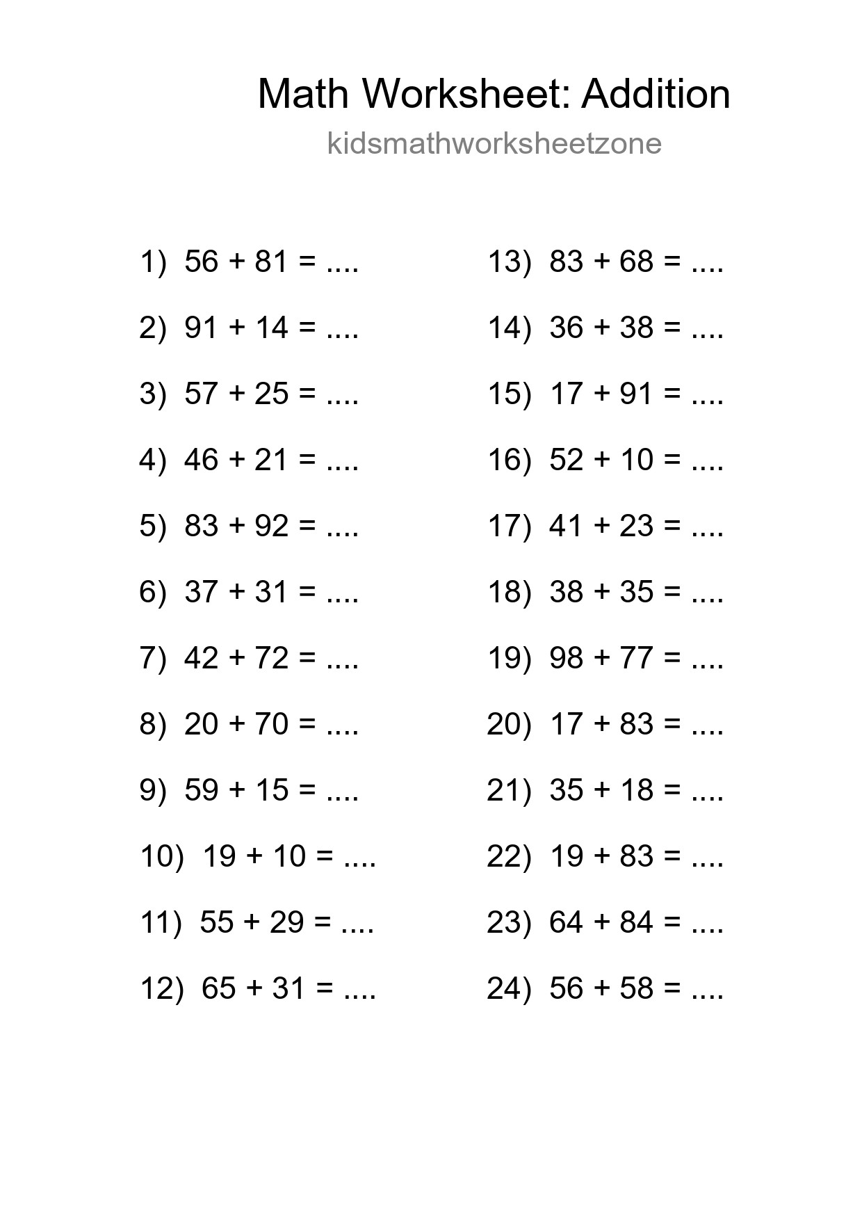 Printable Free 24 Addition Math Worksheet For Grade 3 - Part 100