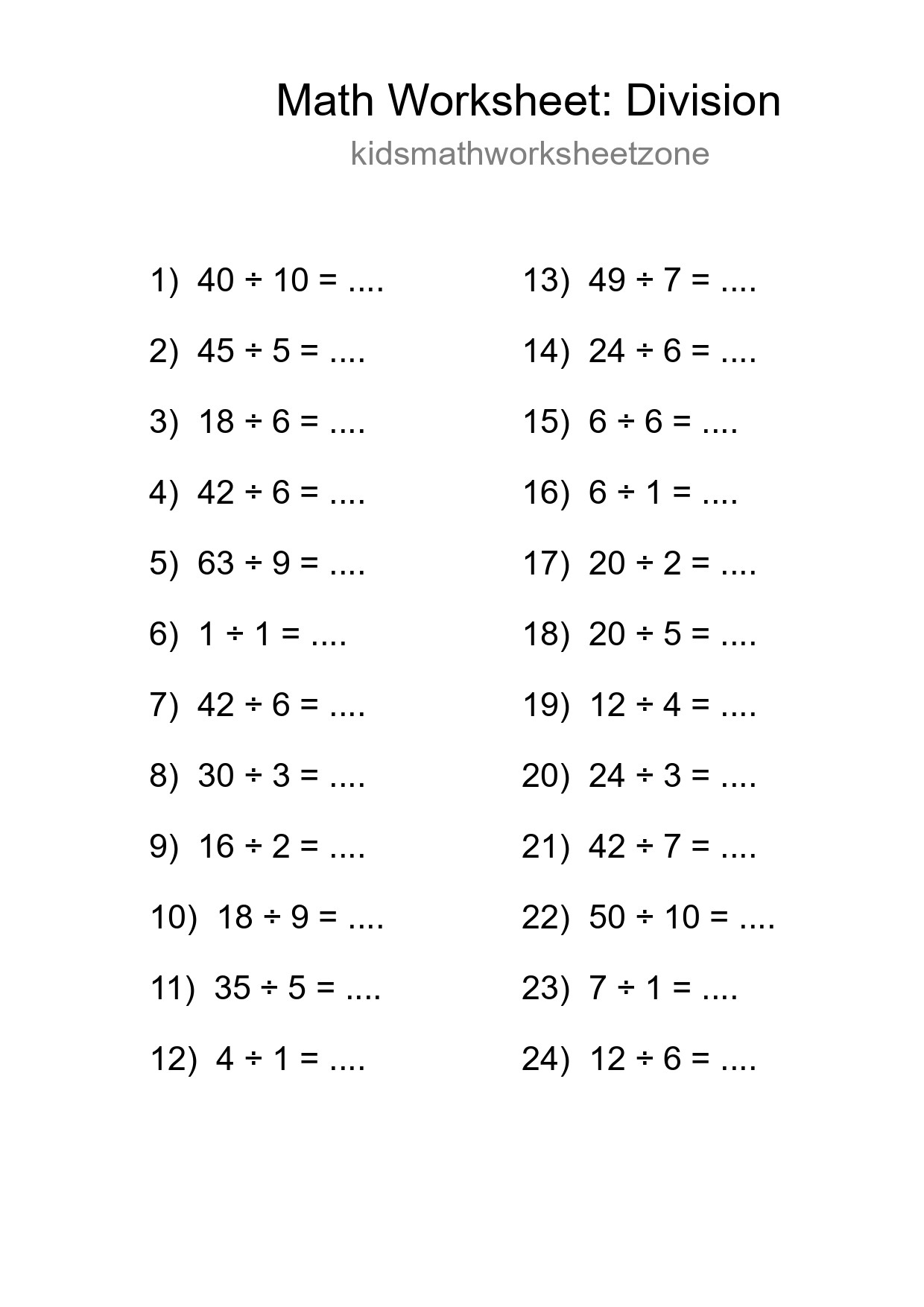 Printable Free 24 Division Math Worksheet For Grade 1 - Part 48