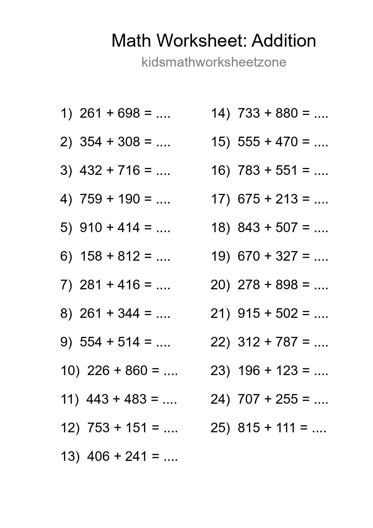 Printable Free 25 Addition Math Worksheet For Grade 5 - Part 122