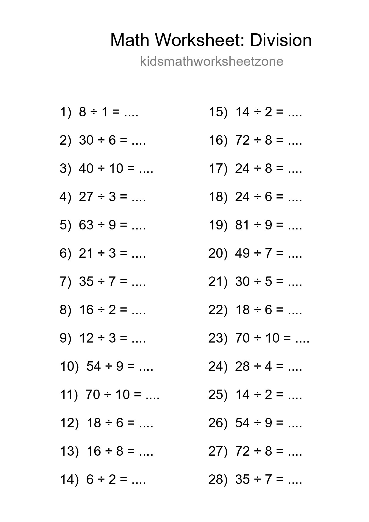 Printable Free 28 Division Math Worksheet For Grade 1 - Part 169
